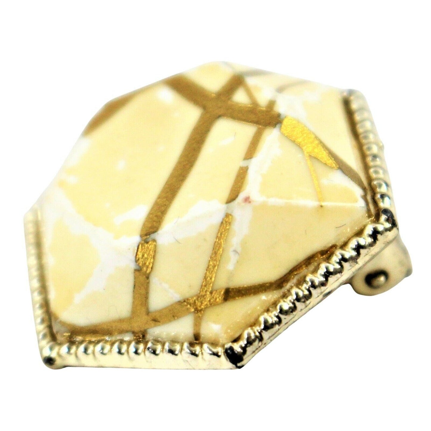 Vintage Off White & Gold Clip Earrings, Gold Tone Hexagon Statement 1.25" 1980's