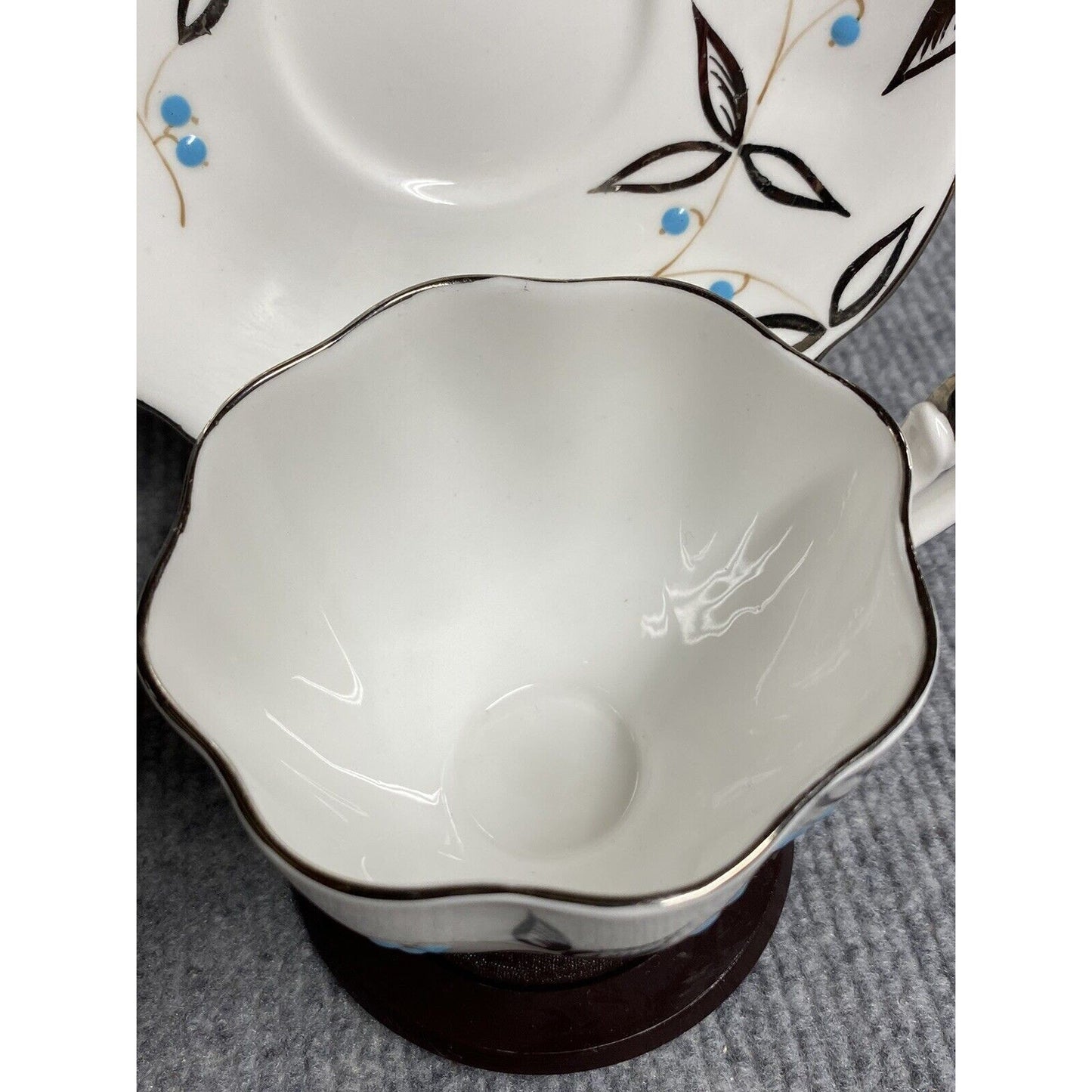 Queen Anne Teacup and Saucer with Hand-Enameled Blue Flowers