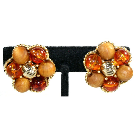 Amber & Faux Wood Floral Cluster Clip On Earrings Beaded Vintage 1" Diameter