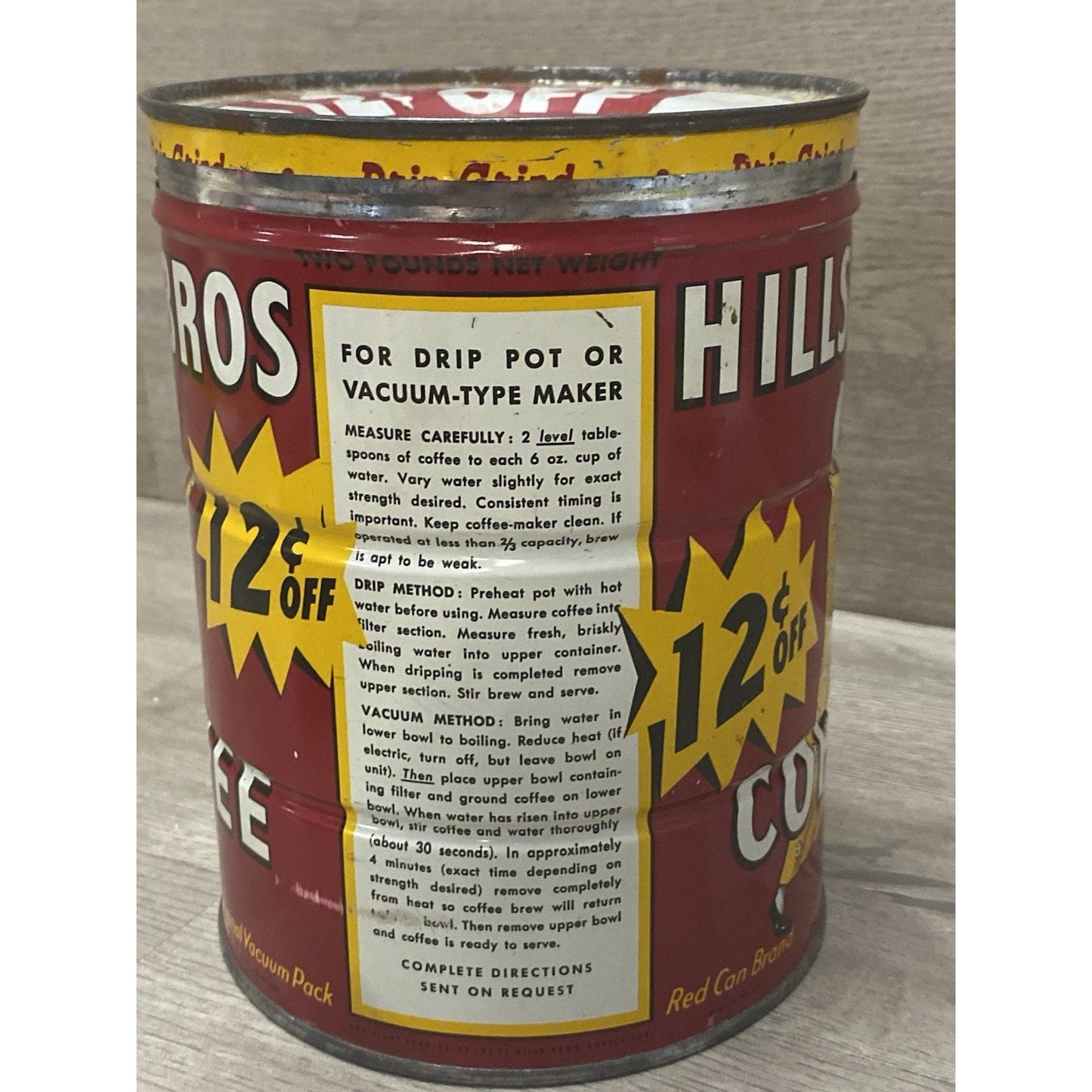 Vintage Hills Bros 2 LB Pricer Graphic Mercantile Country Store Coffee Can