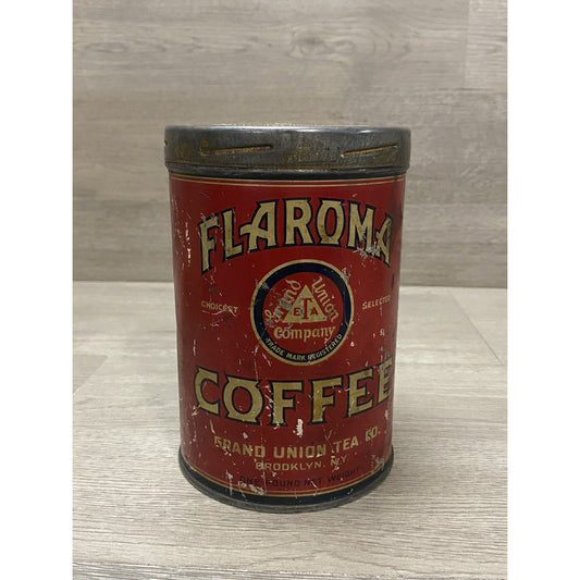 VINTAGE FLAROMA BRAND COFFEE TIN CAN 1 LB., GRAND UNION TEA CO., BROOKLYN, NY