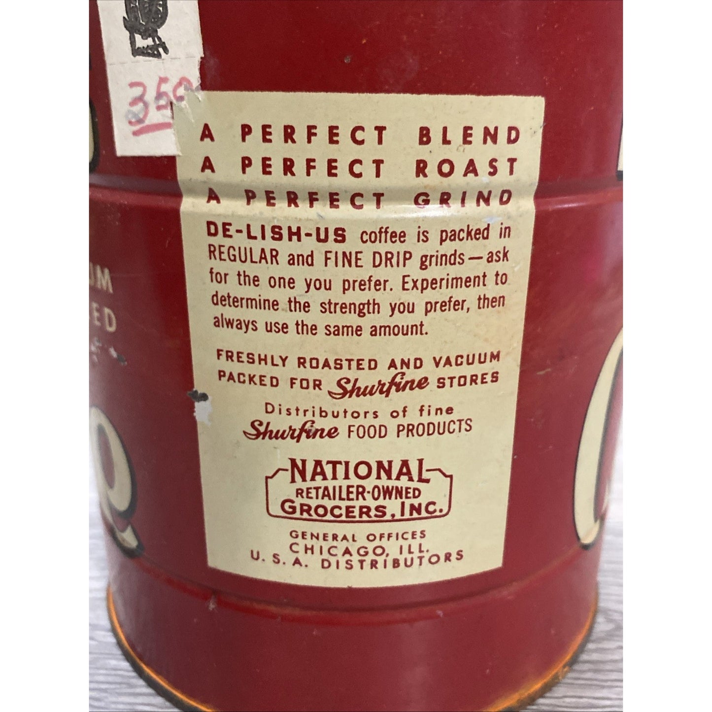 ANTIQUE TIN CAN DE-LISH-US COFFEE KW NATIONAL GROCERS SHURFINE CHICAGO IL