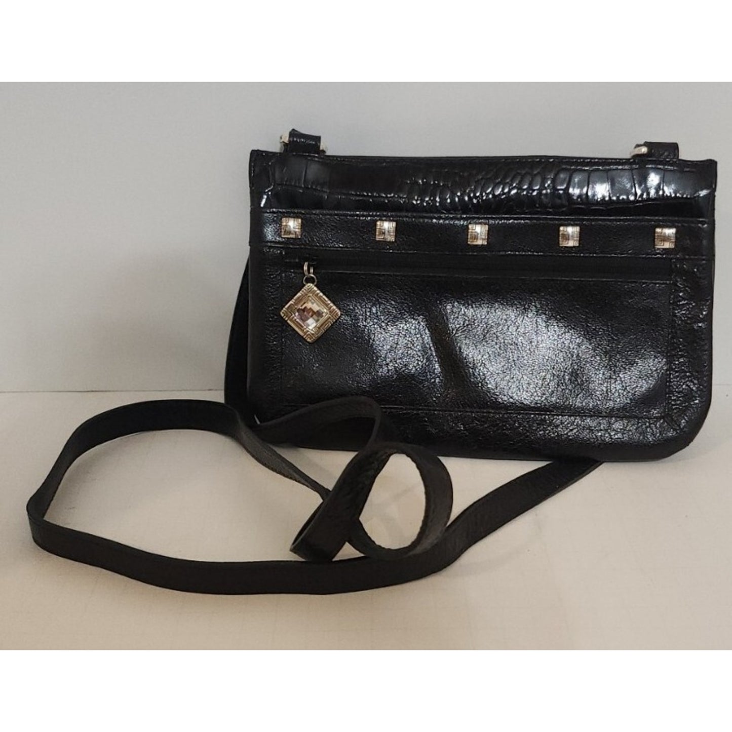 Brighton Purse Studded Zipper Pull Black Leather Mini Crossbody Adjustable
