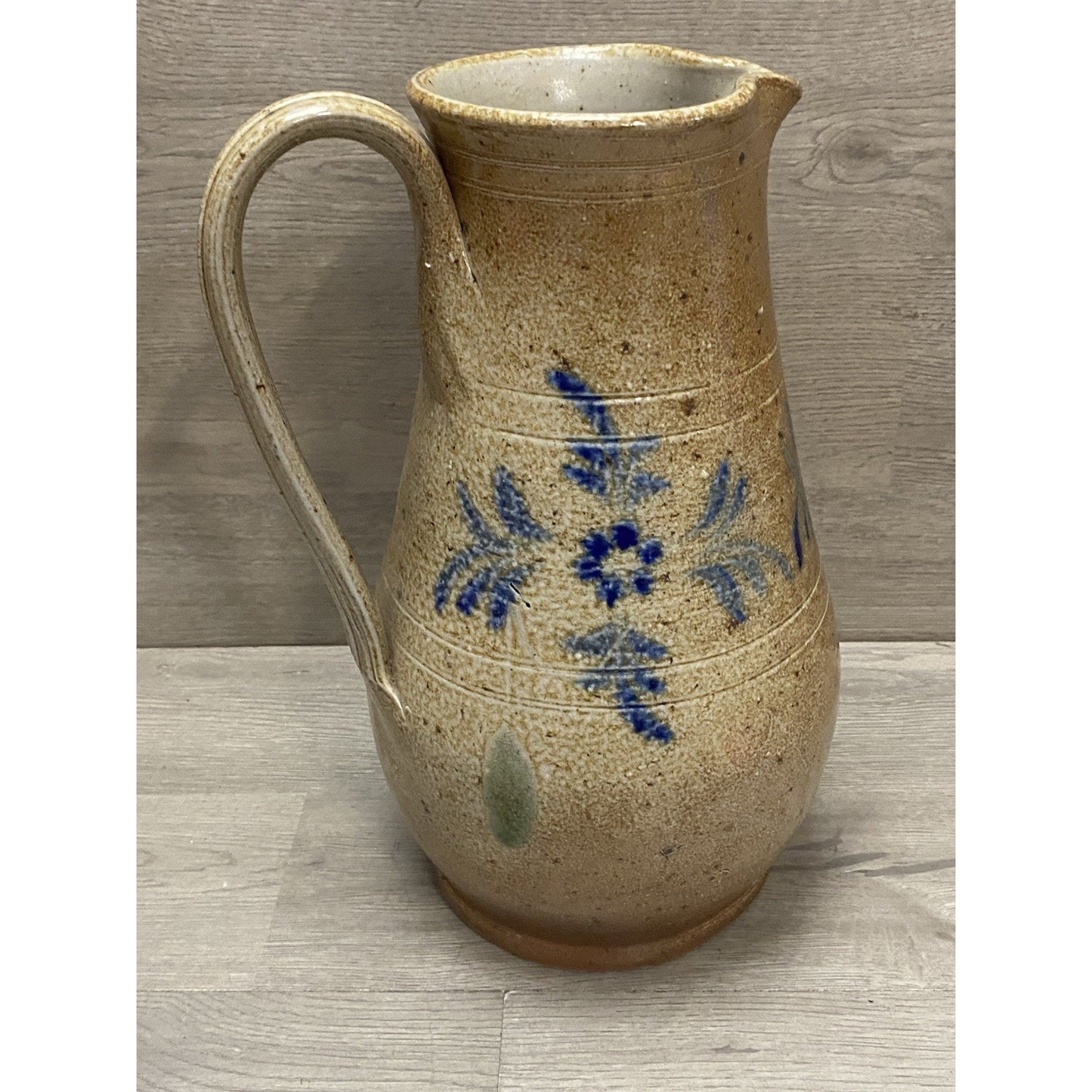 Nora Fenton Stoneware Pitcher 11” Blue Floral Salt Glazed