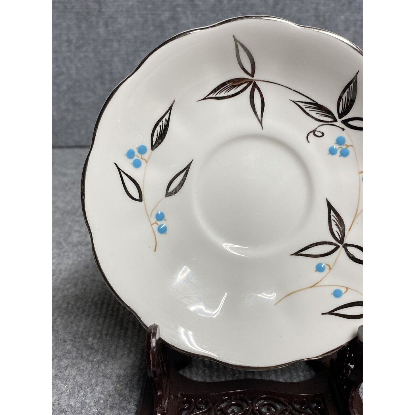 Queen Anne Teacup and Saucer with Hand-Enameled Blue Flowers