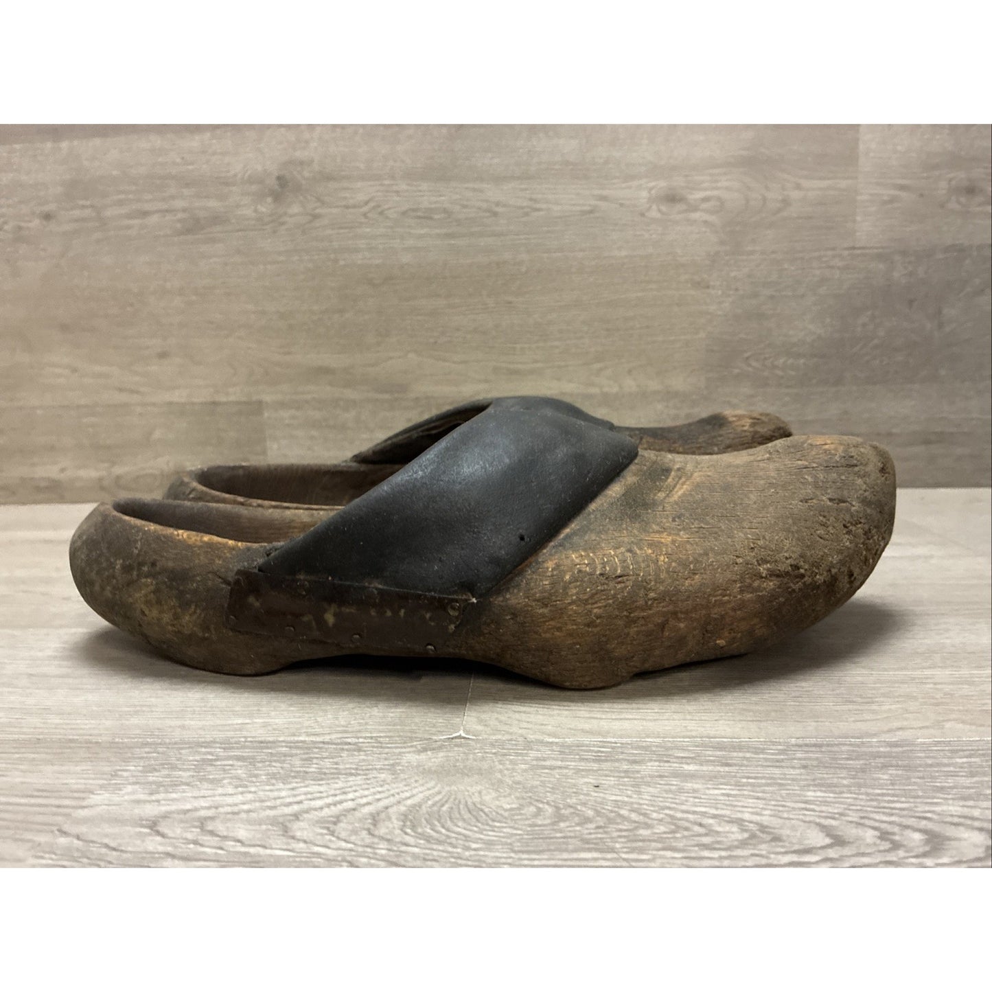 Antique Dutch Or German Wooden Clogs Shoes with Leather & Straw