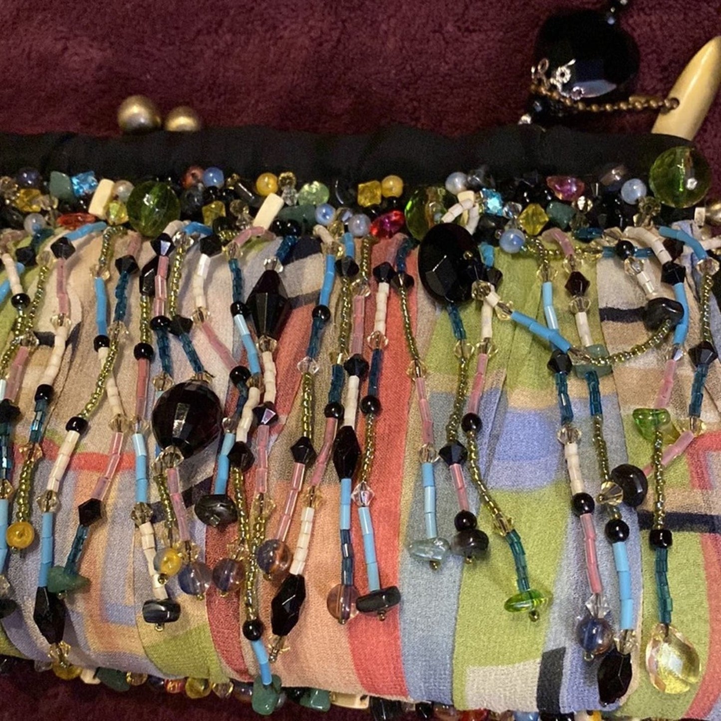 Mary Frances Multicolored Beaded Hard Case Purse with Jet Beaded Shoulder Strap