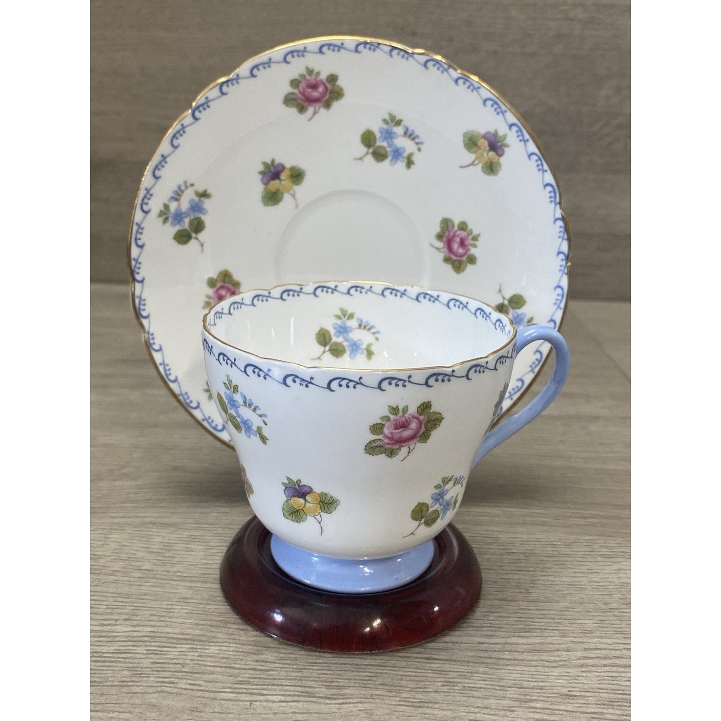 Shelley Fine Bone China Teacup Saucer Blue Forget-Me-Nots Roses Pansies England