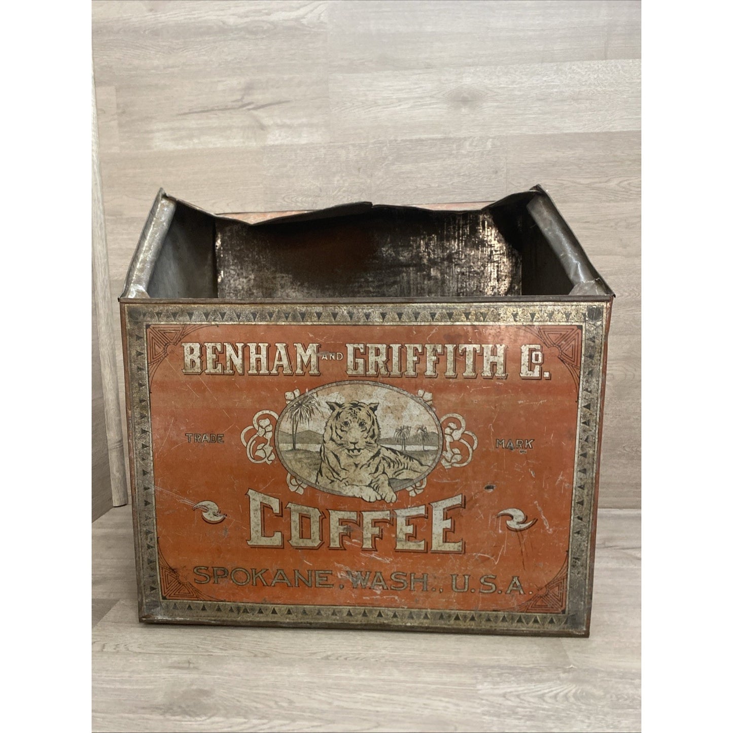 ANTIQUE GENERAL STORE COFFEE BIN TIN DISPLAY Benham & Griffith Co Spokane WA