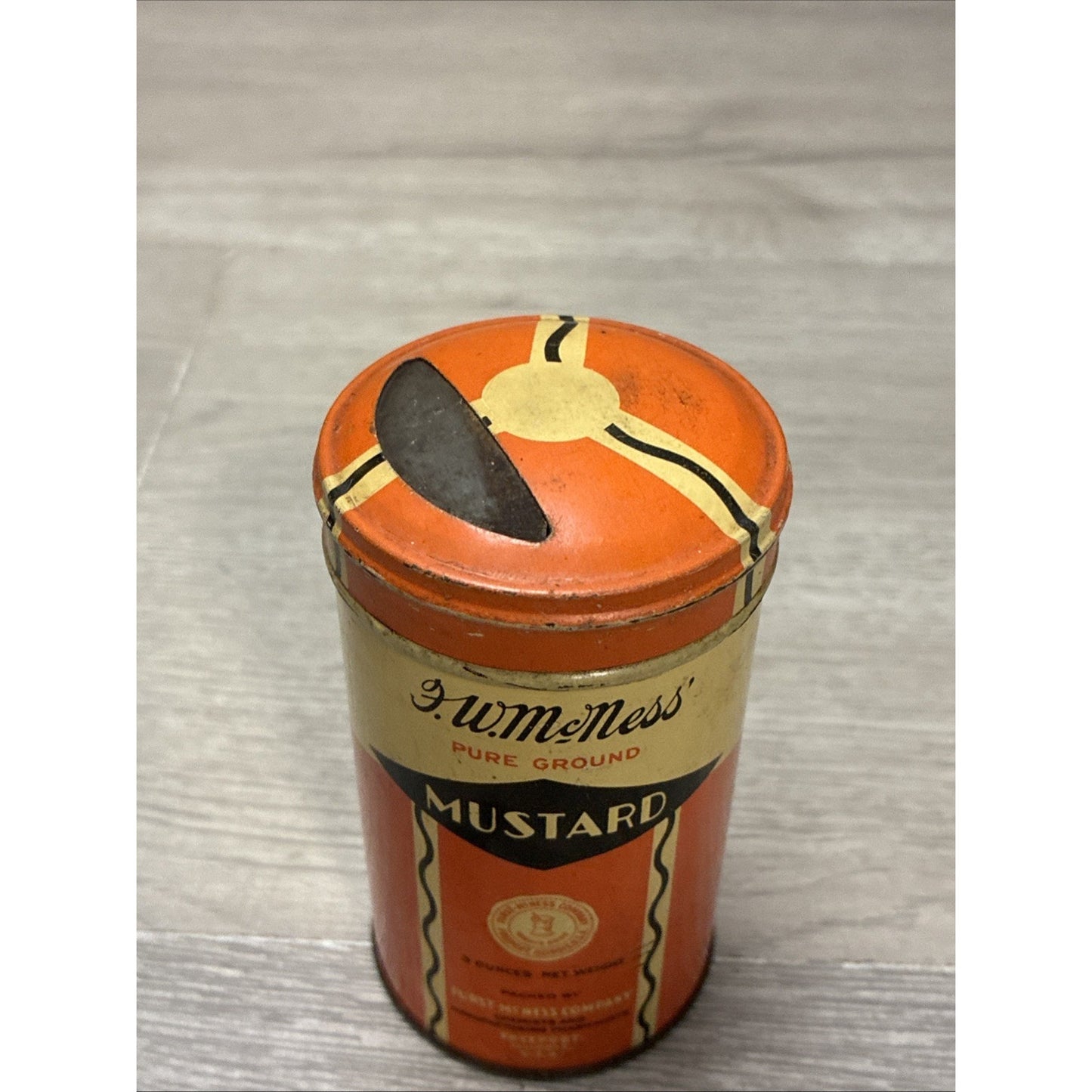 Antique F.W. McNess Mustard Tin 3oz Empty Freeport Illinois Tin