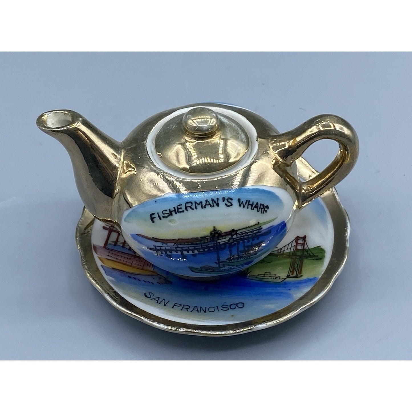 Fisherman's Wharf Teacup Saucer San Francisco Bridge Souvenir Miniature Teaset