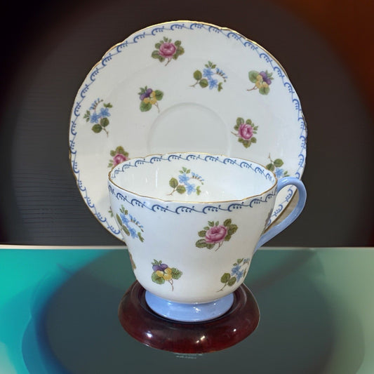 Shelley Fine Bone China Teacup Saucer Blue Forget-Me-Nots Roses Pansies England