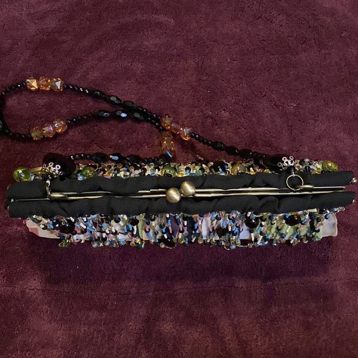 Mary Frances Multicolored Beaded Hard Case Purse with Jet Beaded Shoulder Strap