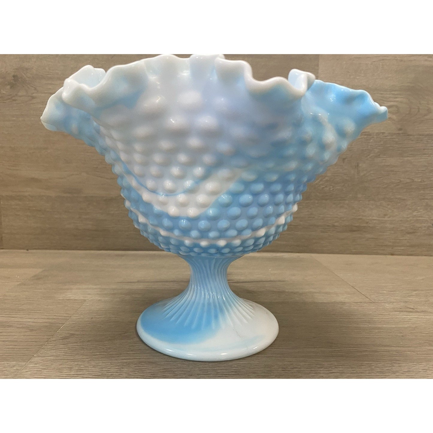 Vintage Fenton Slag Glass White & Blue Swirl Hobnail Footed Candy Dish Compote