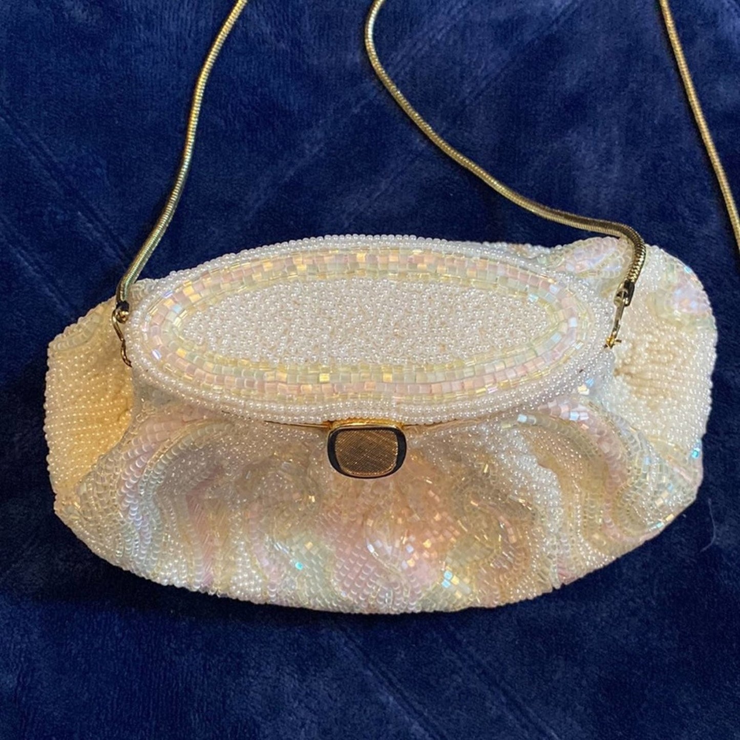 RARE! Vintage La Regale Fully Beaded White Iridescent Wedding Purse w/Gold Strap