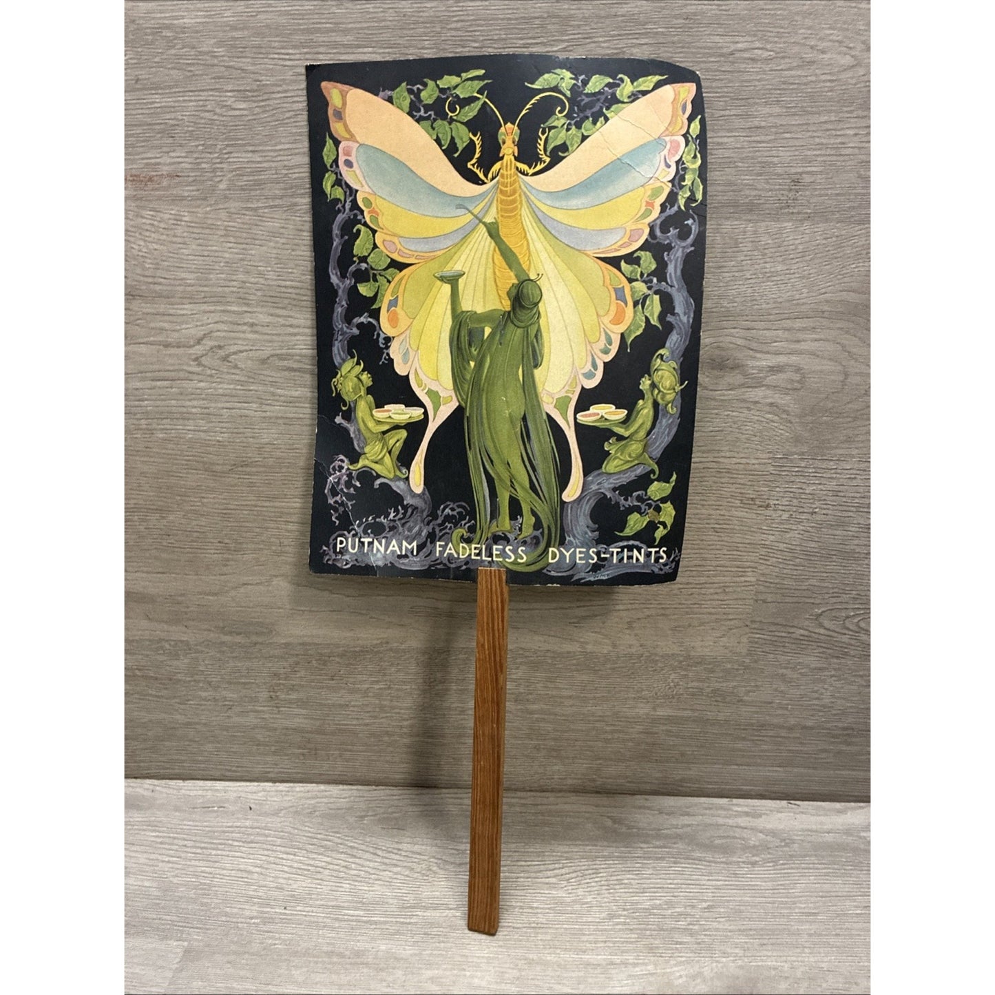 Rare Vintage Putnam Dyes Advertising Fan Art Nouveau Garden Fairies