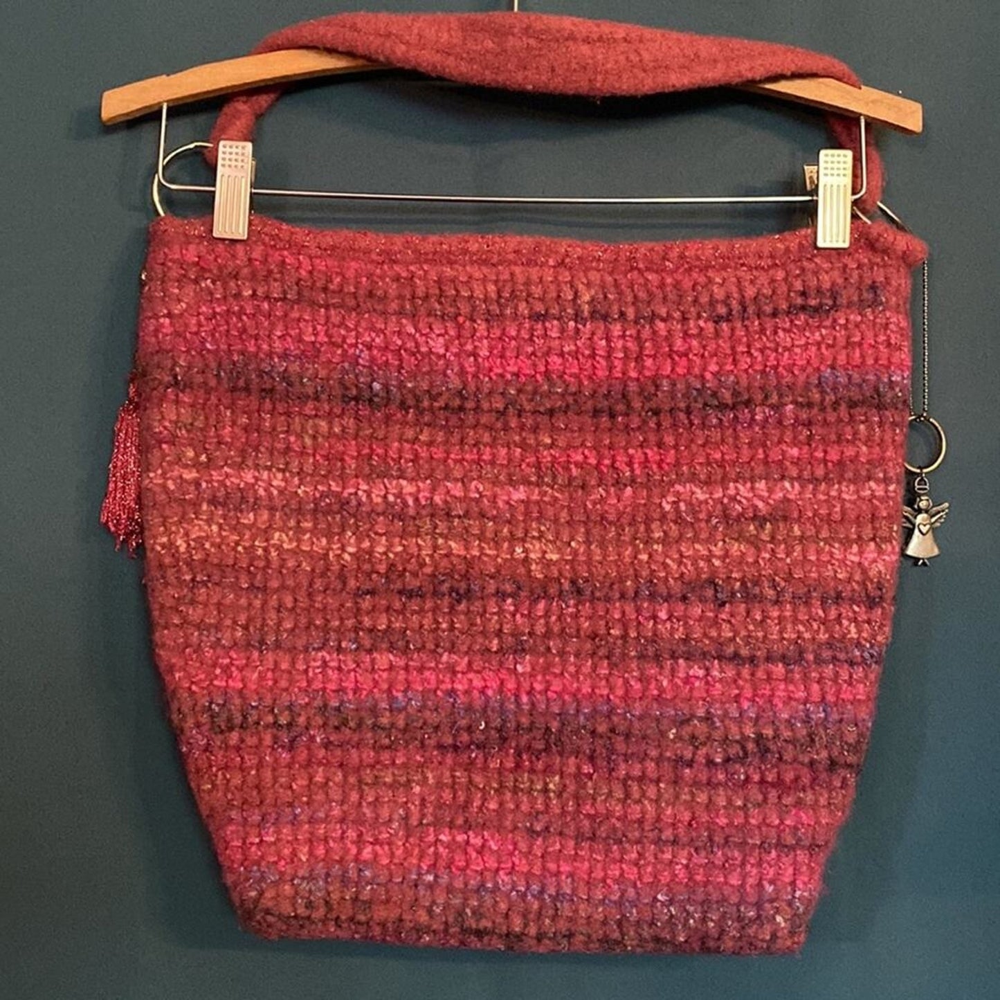 Handmade Pink Tote Bag Purse with Pewter Angel Accent