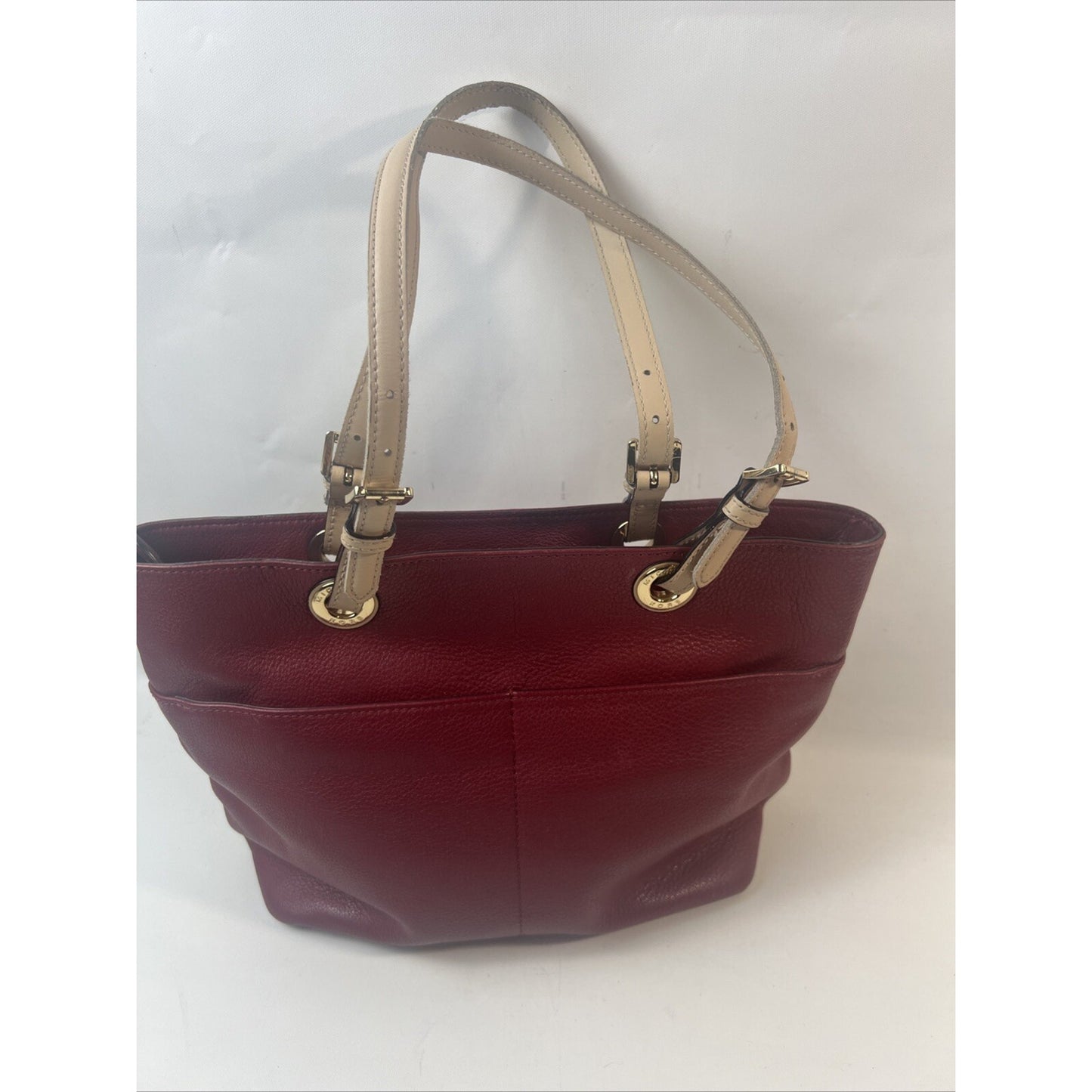 Michael Kors Bedford Red/Burg Pocket Tote Pebble Leather Purse Shopper Bag-15-11