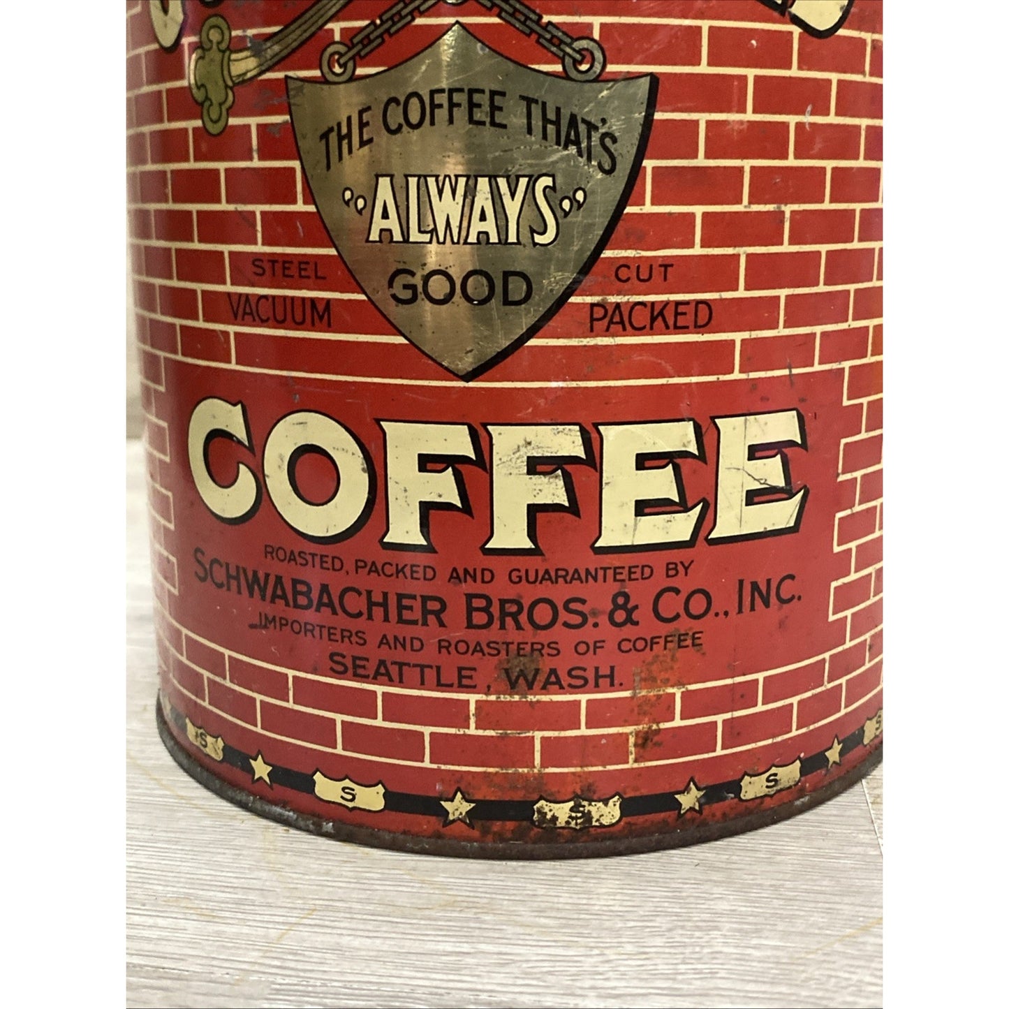 SEATTLE 1928 GOLD SHIELD COFFEE LARGE 5 POUND TIN Advertising