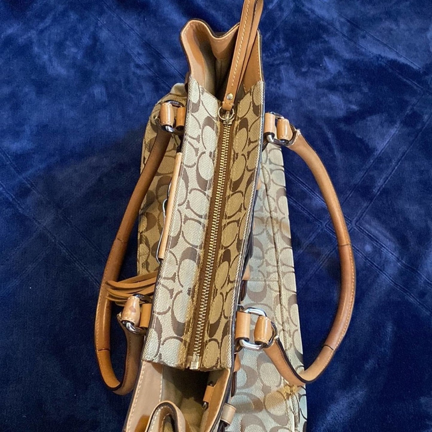 Coach Large Tan Hampton Signature Carryall Tote Purse with Braid Accents #F13068