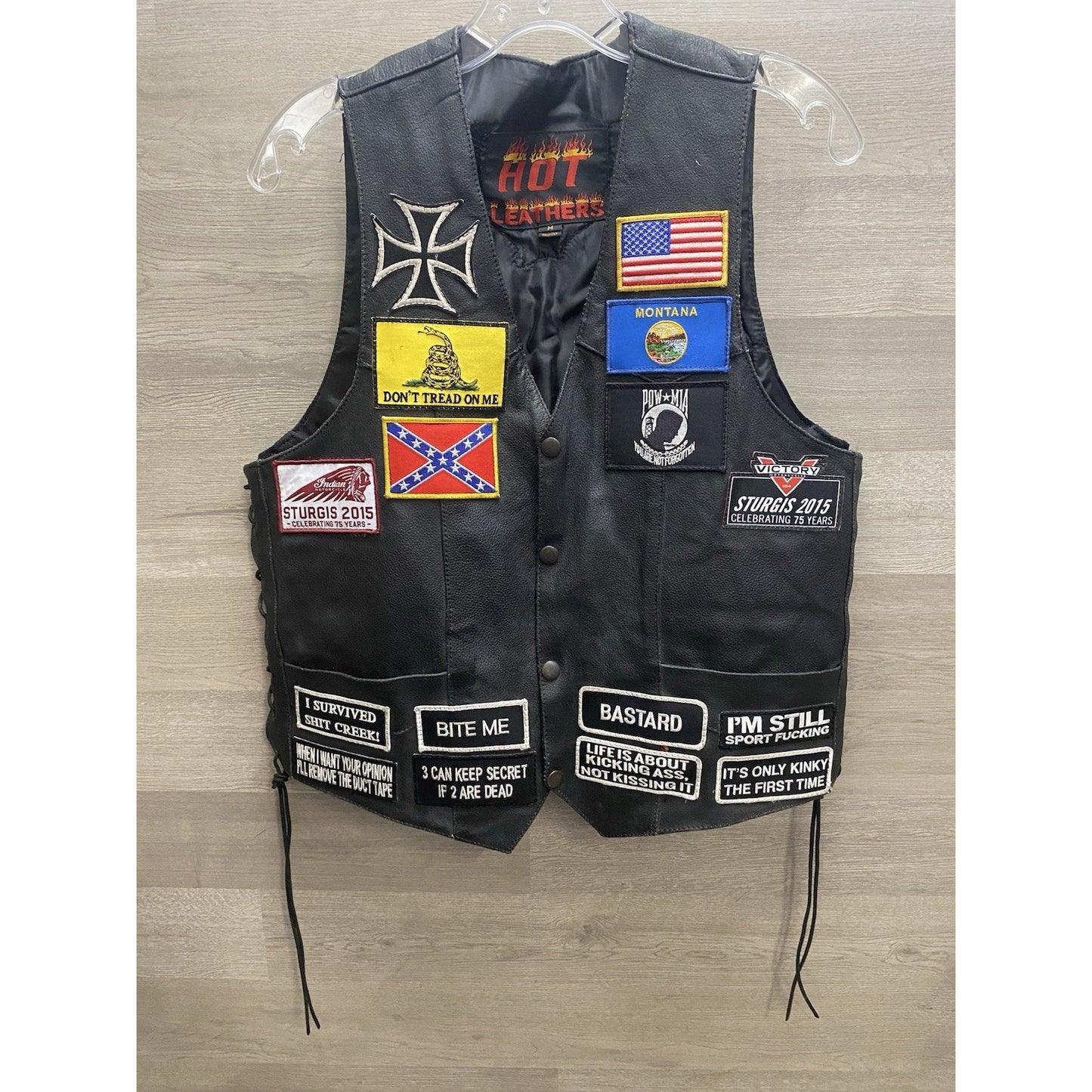 Hot Bikers Leather Motorcycle Vest W/ Patches SZ Med