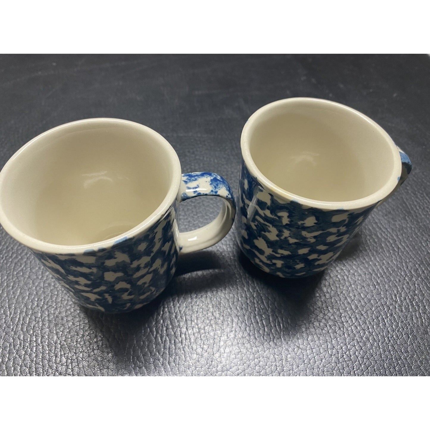 Blue Sponge Coffee Cup Mug Set of 2 Folk Craft Hearts By Tienshan Stoneware