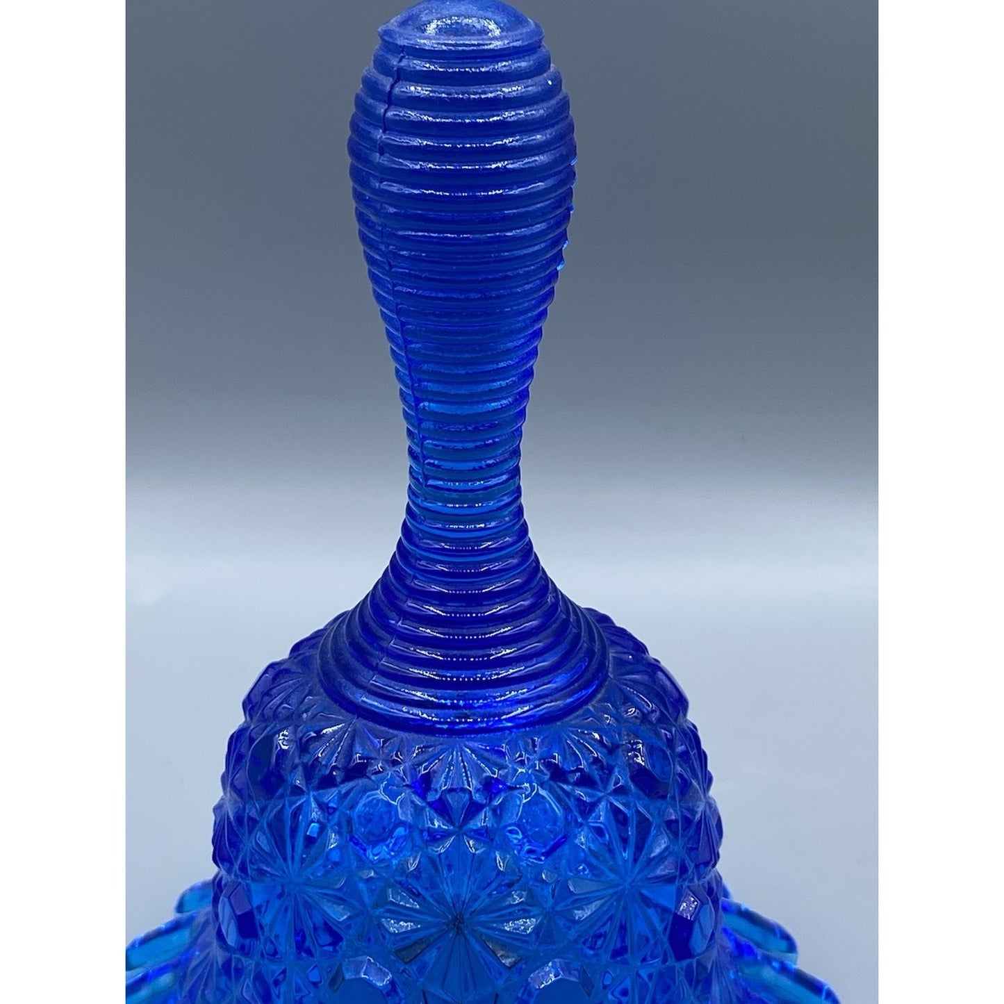Fenton Glass Blue Daisy and Button Ruffle Edge & Ribbed Handle Vintage Bell