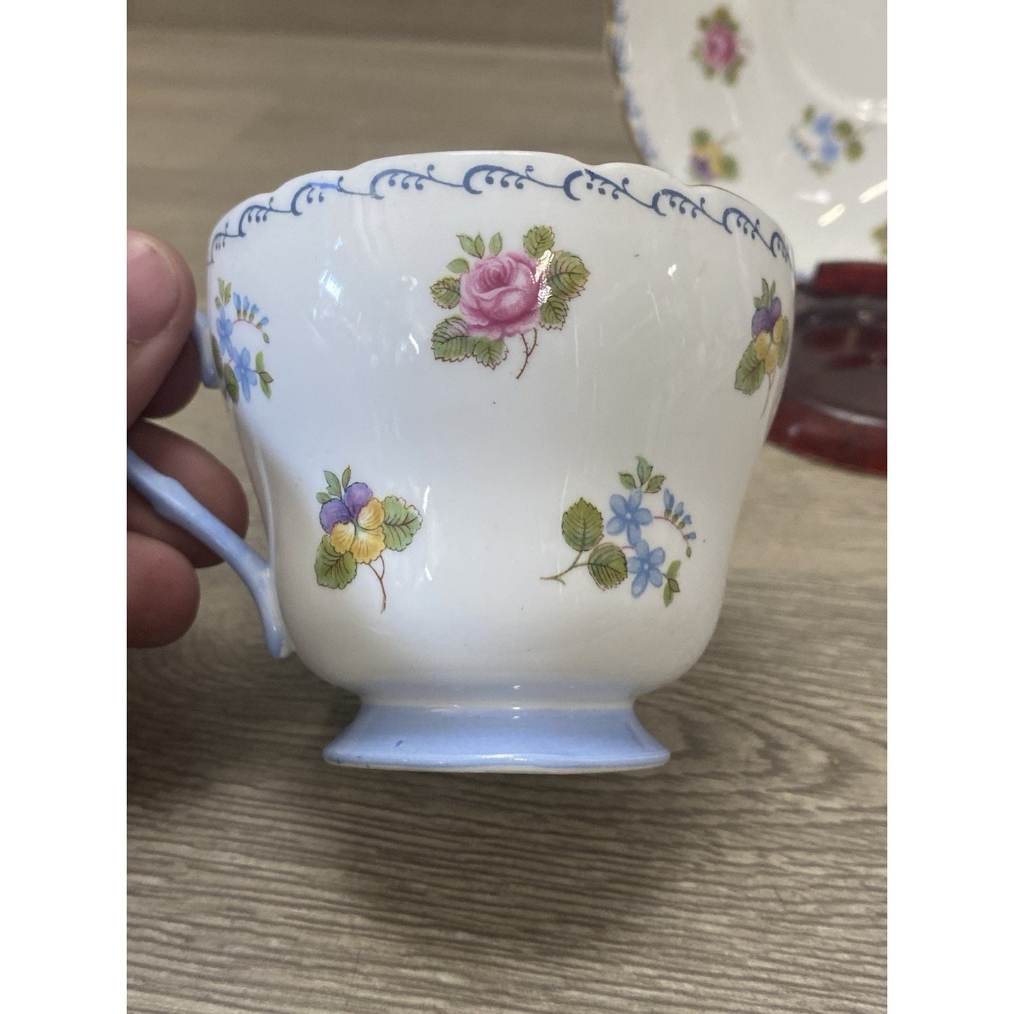 Shelley Fine Bone China Teacup Saucer Blue Forget-Me-Nots Roses Pansies England