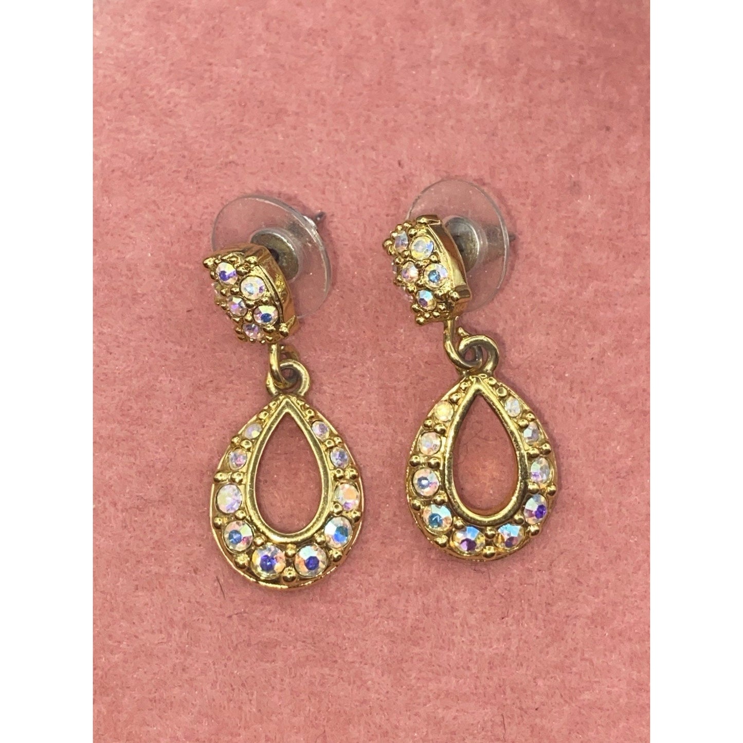 STUNNING SWAROVSKI PAVE CRYSTAL GOLDTONE TEARDROP SHAPE PIERCED DANGLE EARRINGS