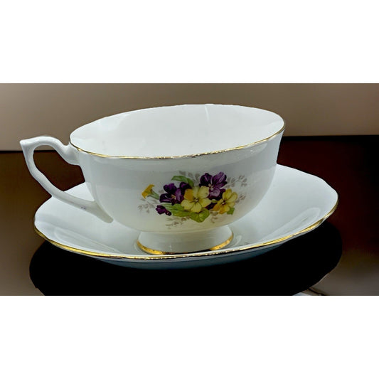 Vintage Clarence Floral Pansies Bone China Teacup & Saucer w/ Flowers England