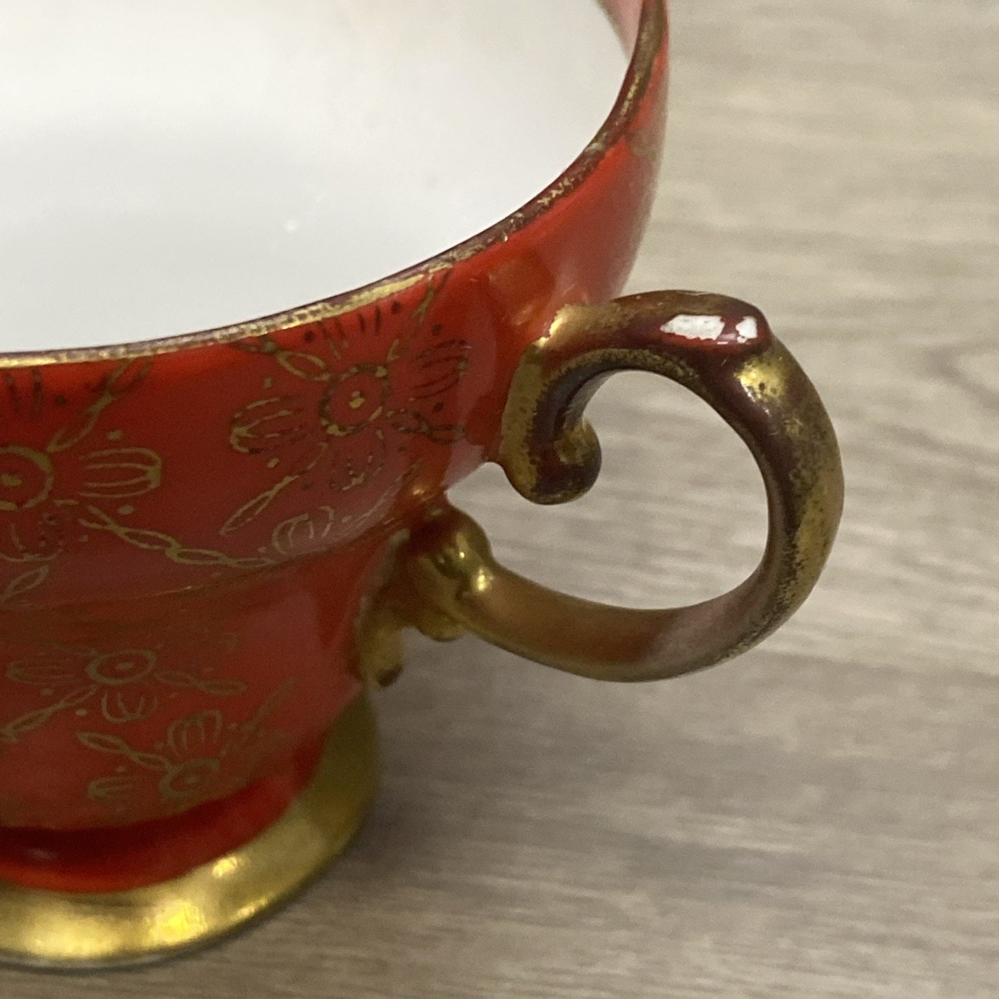 VTG Norcrest Teacup & Saucer Manderin Red 7/33 W/ Gold Scalloped & Floral Design