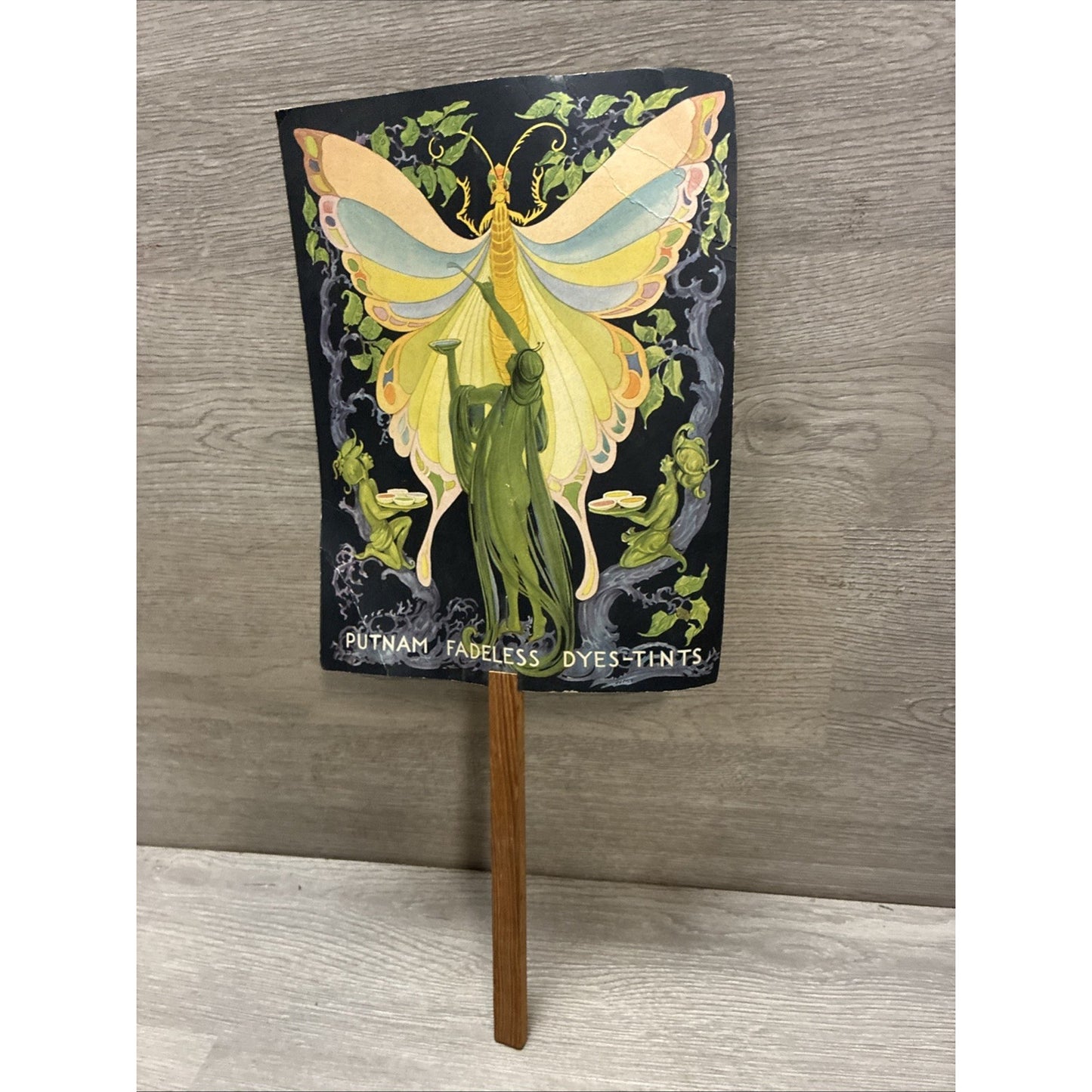 Rare Vintage Putnam Dyes Advertising Fan Art Nouveau Garden Fairies