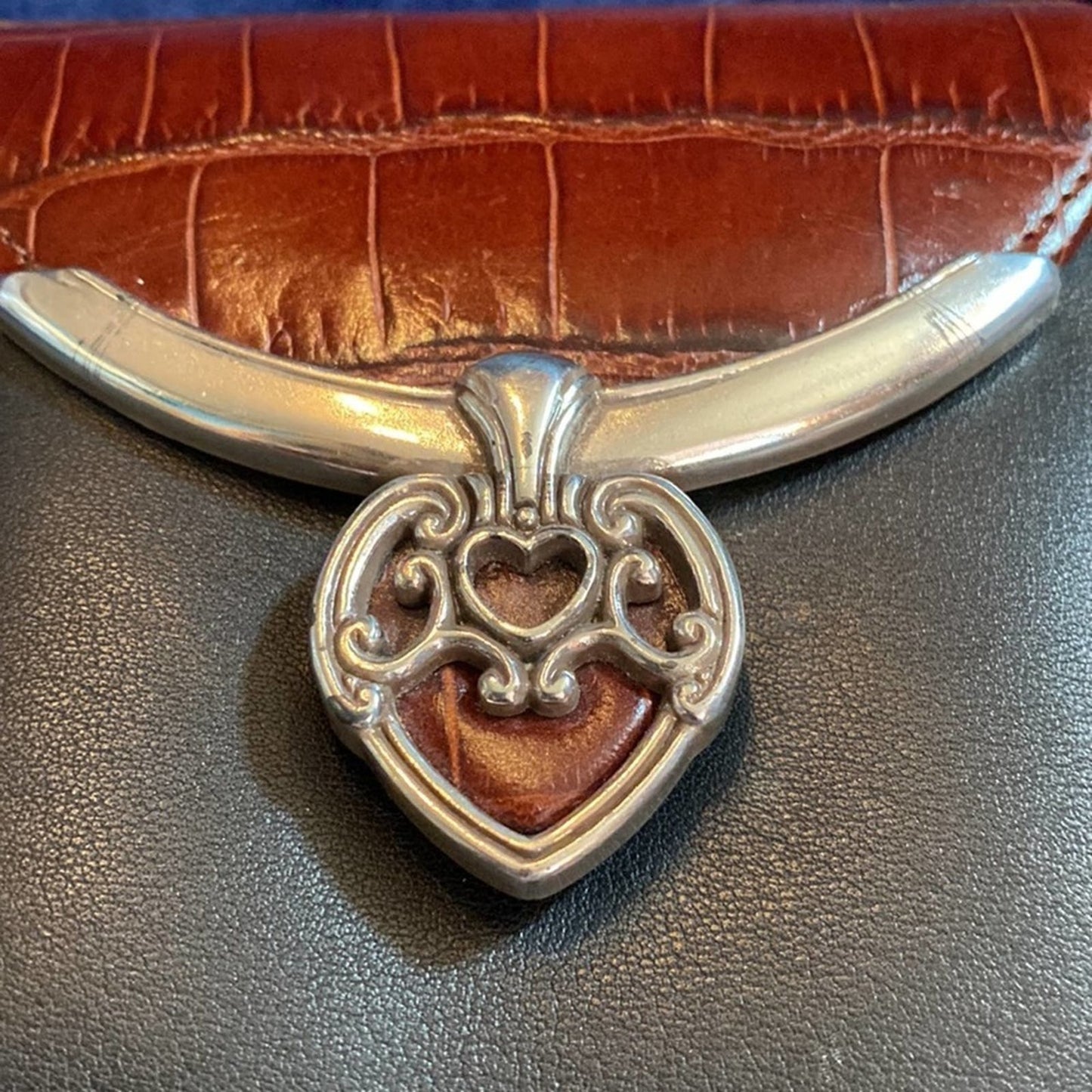 Vintage Black & Red Leather Folding Wallet Purse with Silver Heart Embellishment