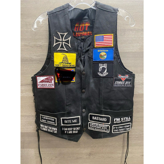Hot Bikers Leather Motorcycle Vest W/ Patches SZ Med