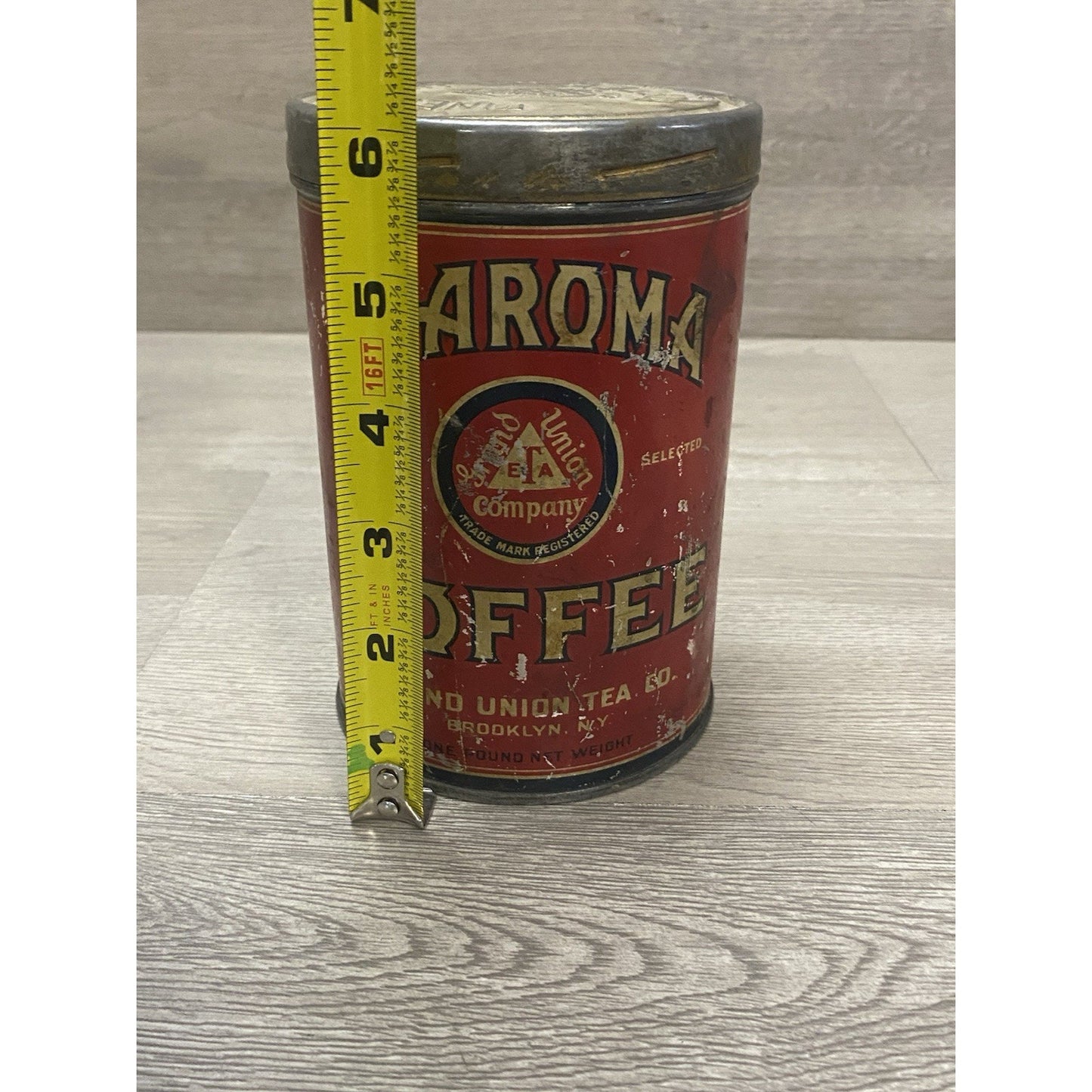 VINTAGE FLAROMA BRAND COFFEE TIN CAN 1 LB., GRAND UNION TEA CO., BROOKLYN, NY