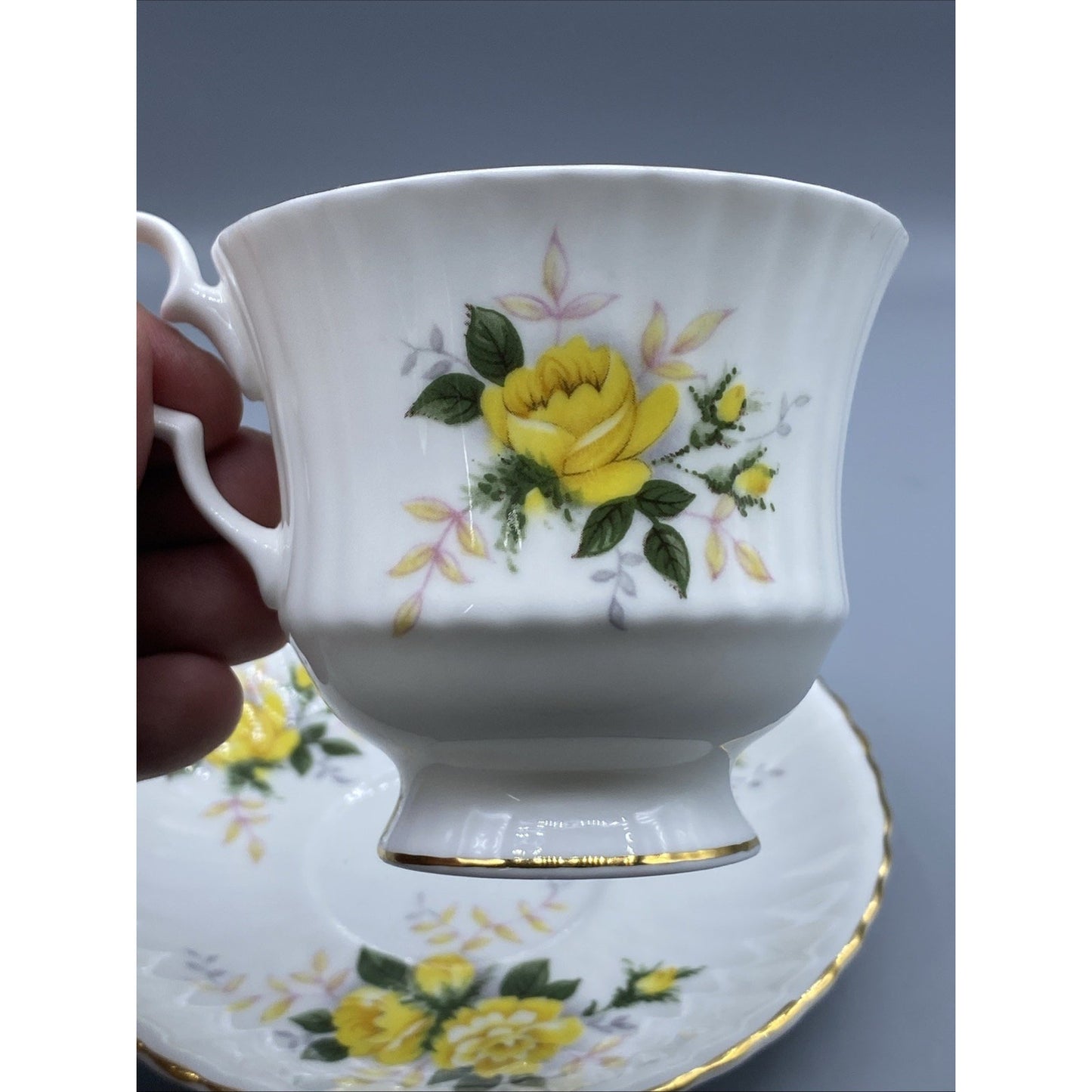 Vintage ROYAL WINDSOR Yellow Rose Teacup Saucer Gold Rimmed