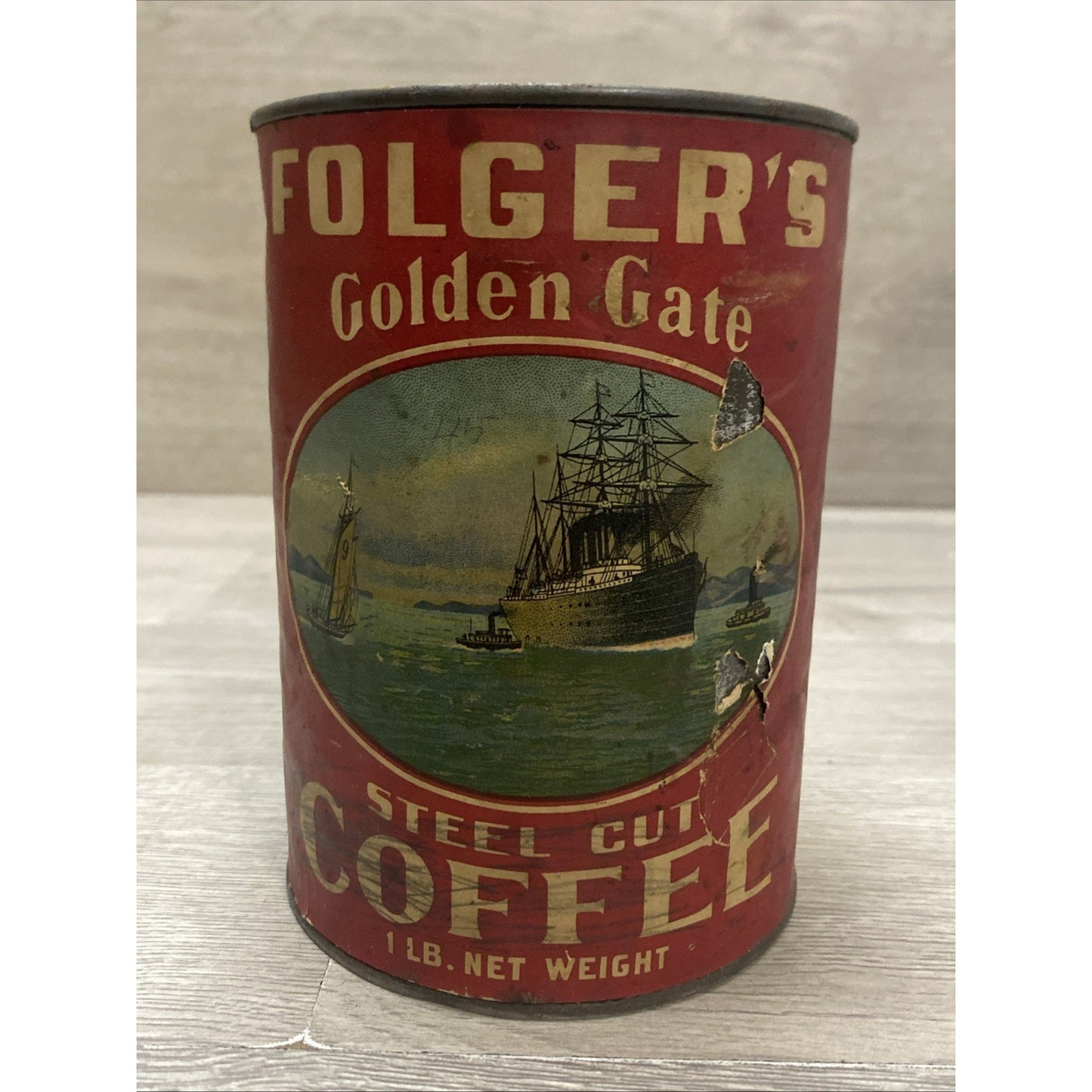 SUPER RARE 100+ YEAR OLD FOLGERS GOLDEN GATE PAPER LABEL ON TIN COFFEE CAN