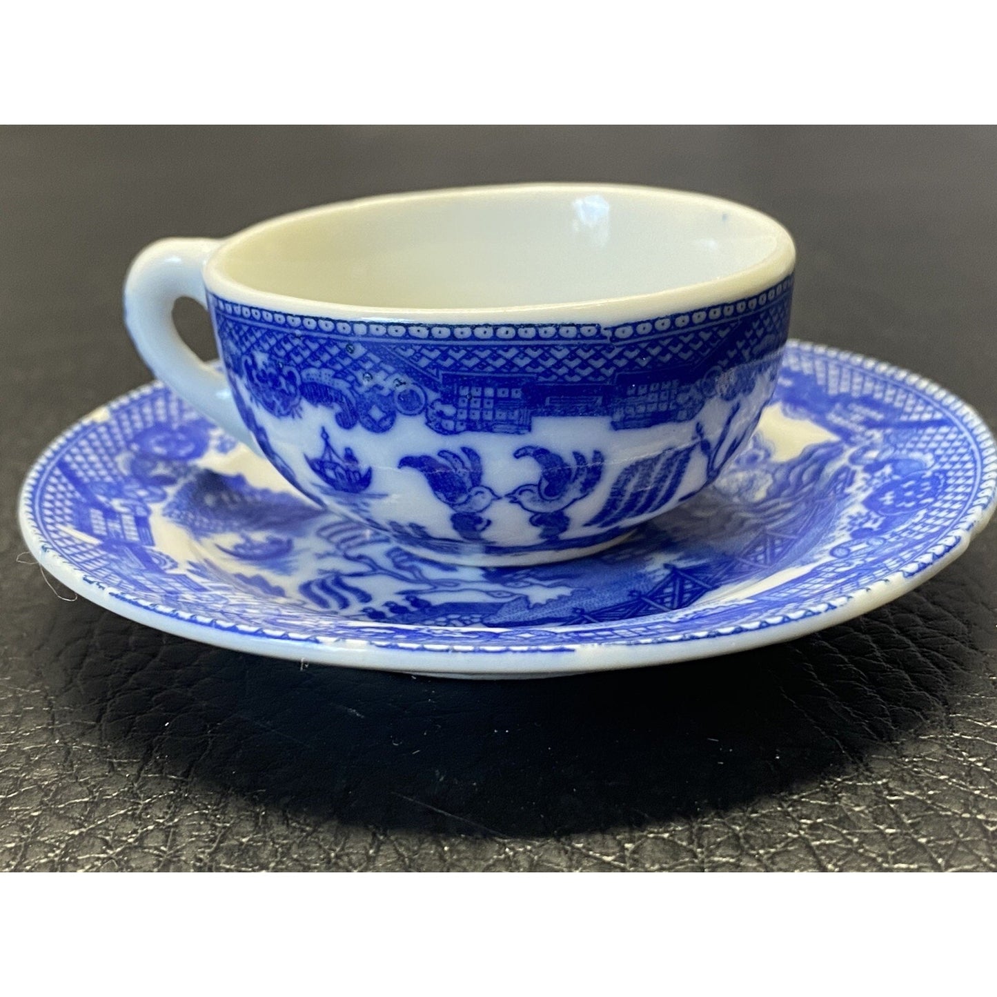 Vintage Blue Willow Flow Blue Miniature Teacup & Saucer Set
