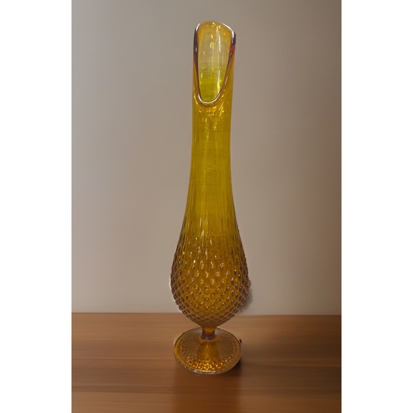 Fenton Unmarked Glass Hobnail Amber Swung Vase 16” Footed