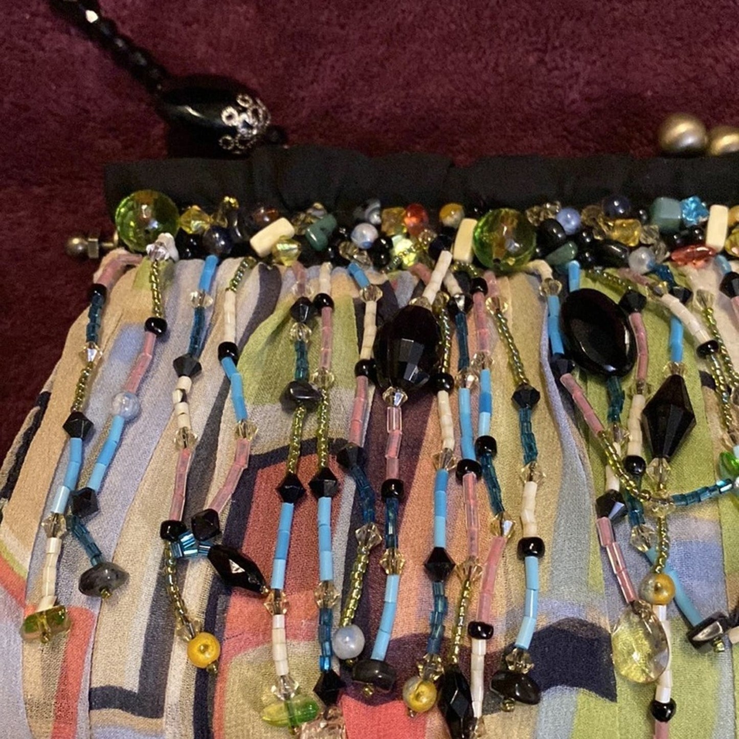 Mary Frances Multicolored Beaded Hard Case Purse with Jet Beaded Shoulder Strap