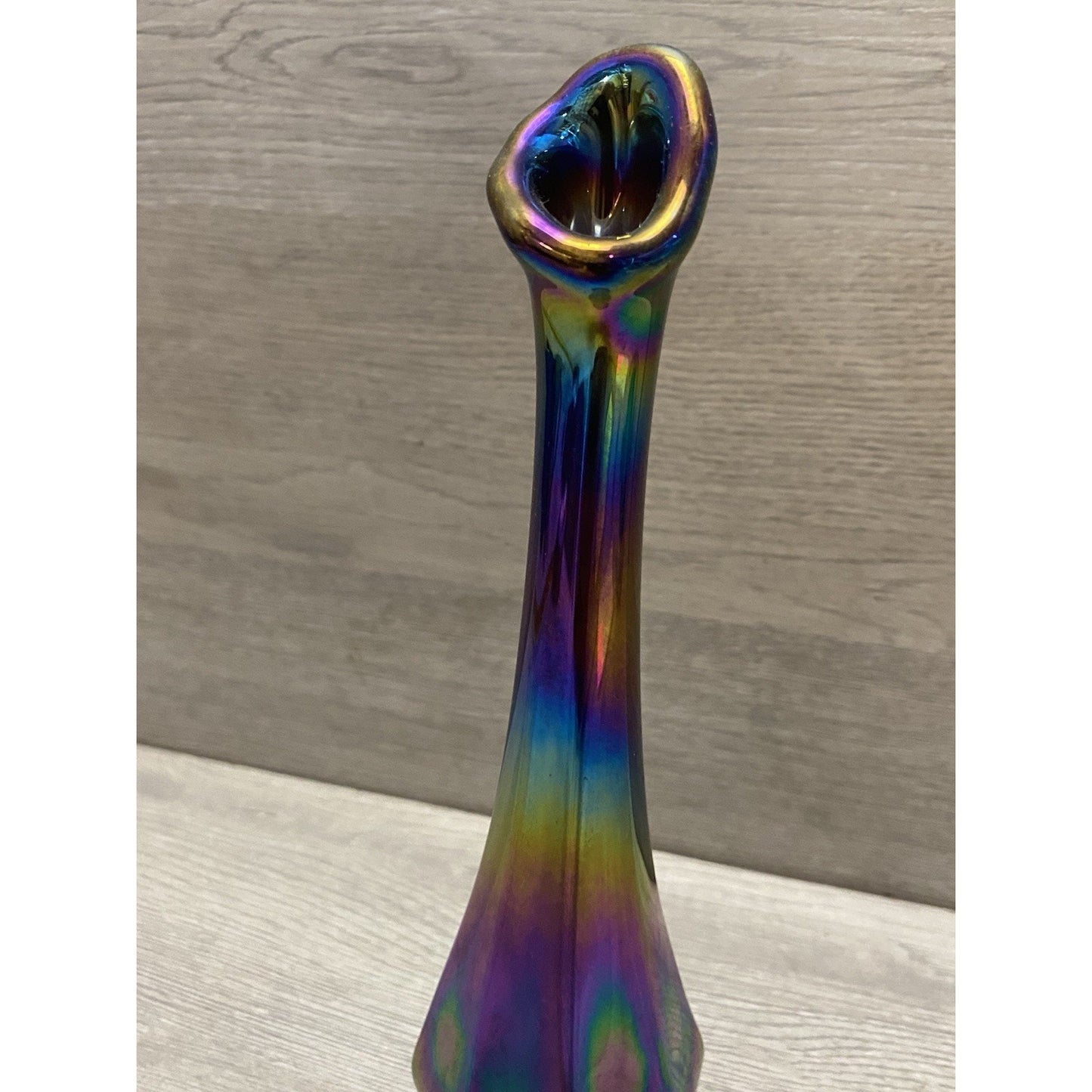 Vintage Fenton Iridescent Purple Bud Vase 8.75” Tall Embossed Logo