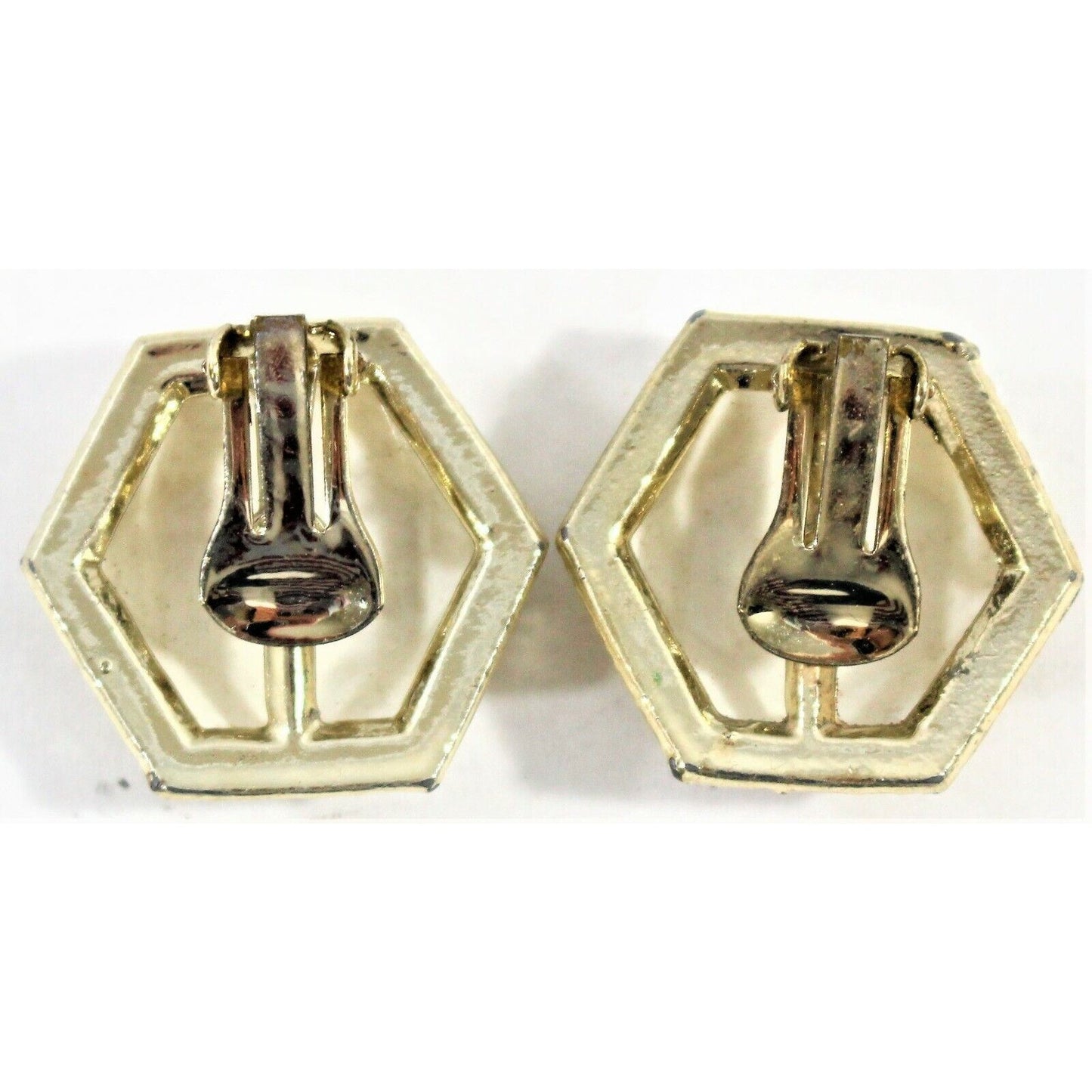 Vintage Off White & Gold Clip Earrings, Gold Tone Hexagon Statement 1.25" 1980's