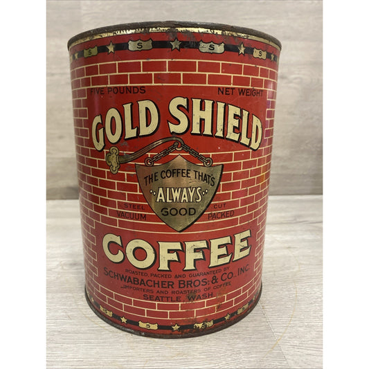SEATTLE 1928 GOLD SHIELD COFFEE LARGE 5 POUND TIN Advertising