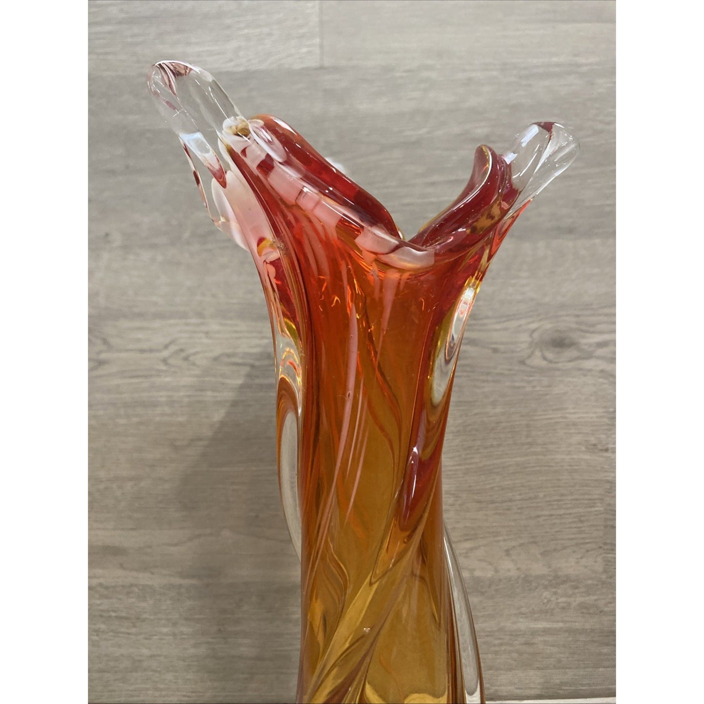 MCM Art Glass Swung Amber Red Swirl Free Form Vase 12.25”