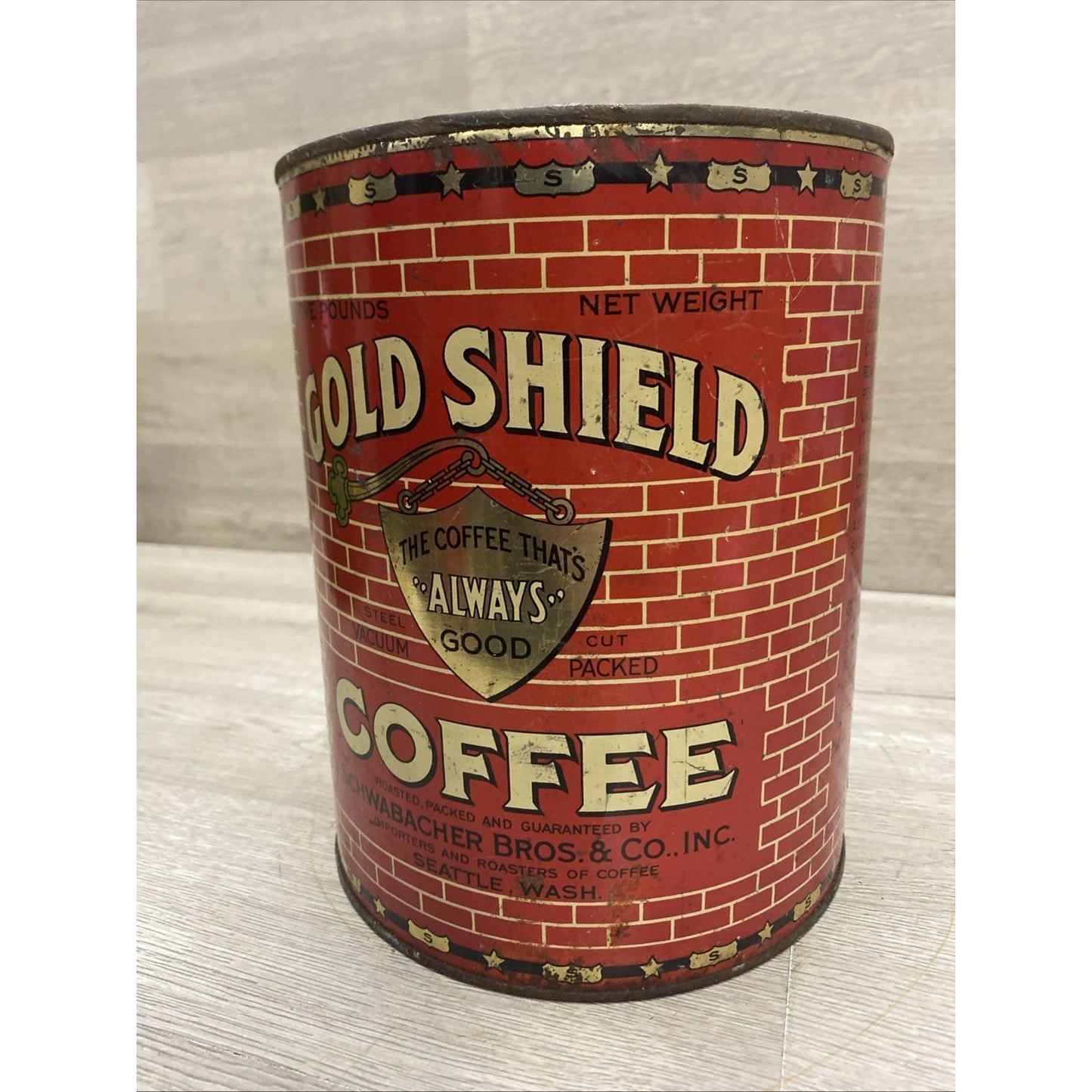 SEATTLE 1928 GOLD SHIELD COFFEE LARGE 5 POUND TIN Advertising
