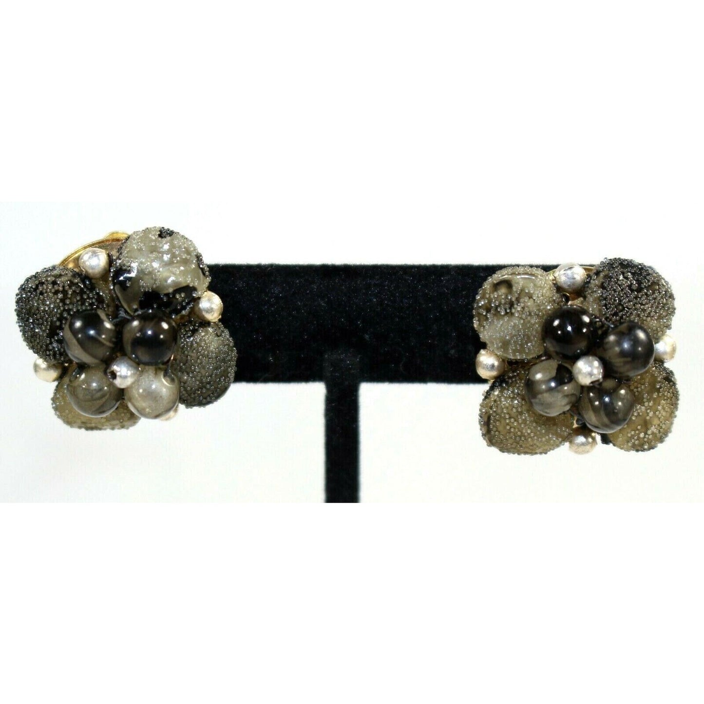Gray & Black Gold Tone Beaded Cluster Clip On Earrings Beaded Hong Kong 1"
