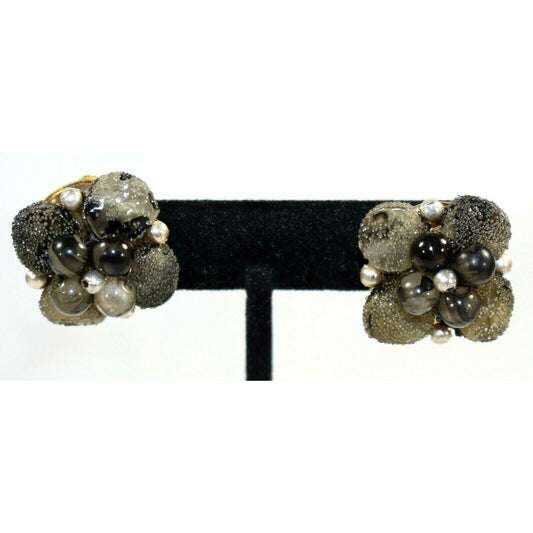 Gray & Black Gold Tone Beaded Cluster Clip On Earrings Beaded Hong Kong 1"