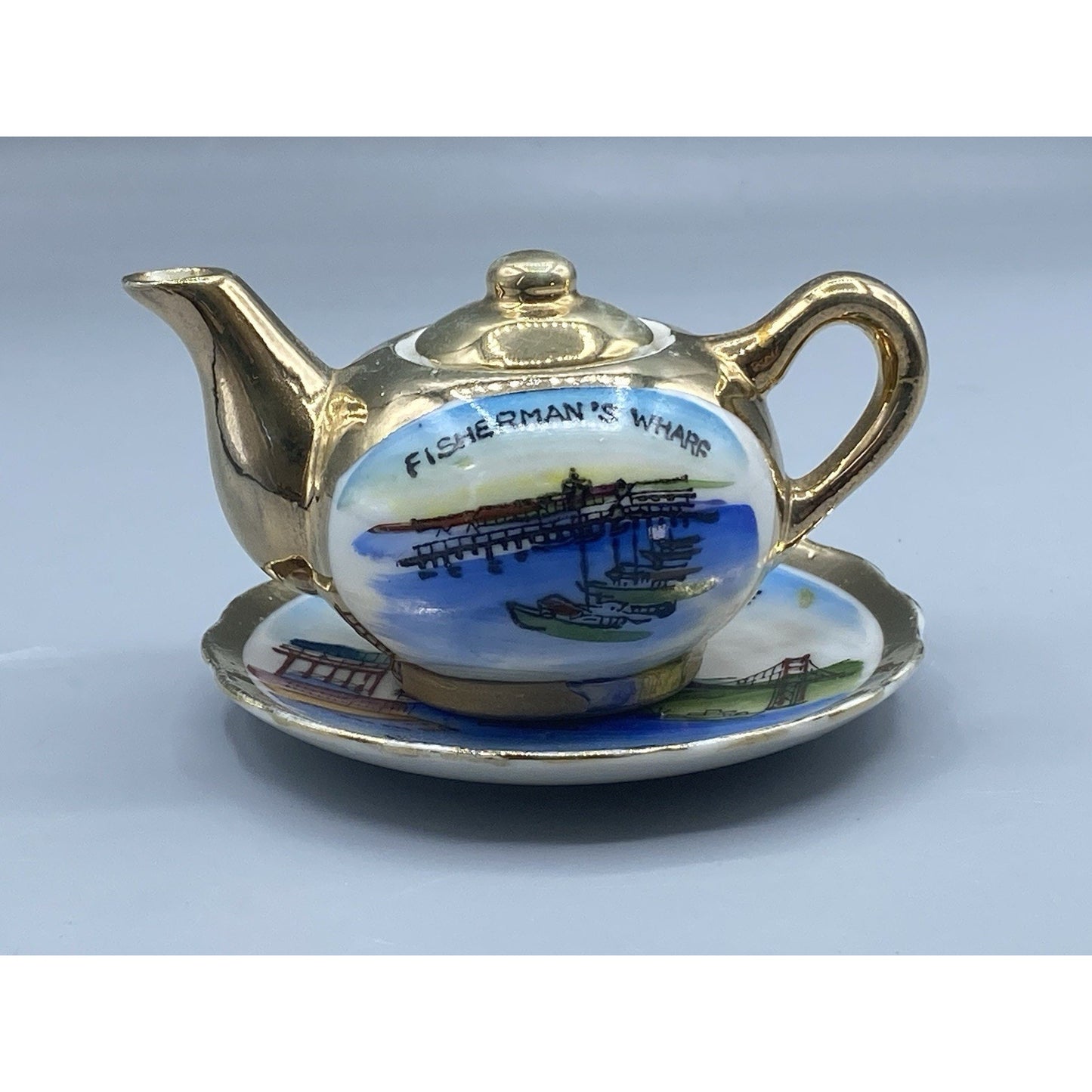 Fisherman's Wharf Teacup Saucer San Francisco Bridge Souvenir Miniature Teaset