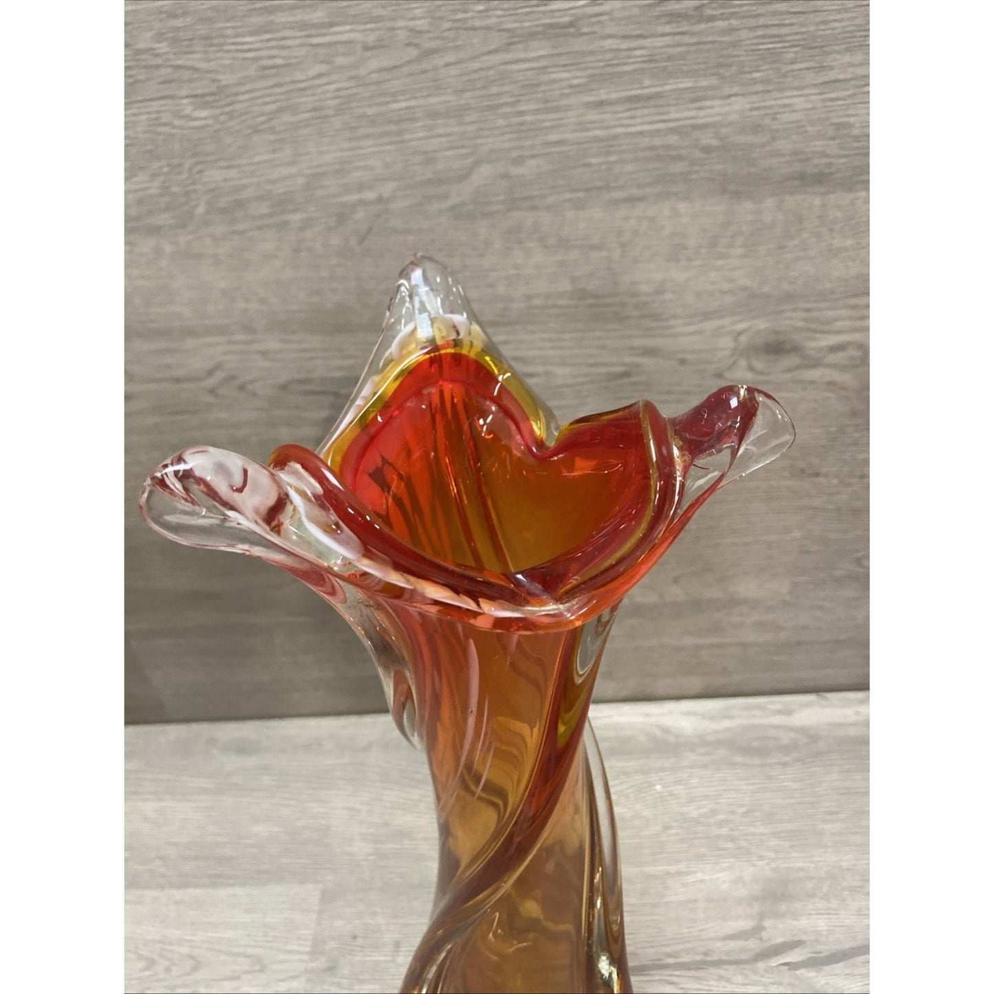 MCM Art Glass Swung Amber Red Swirl Free Form Vase 12.25”