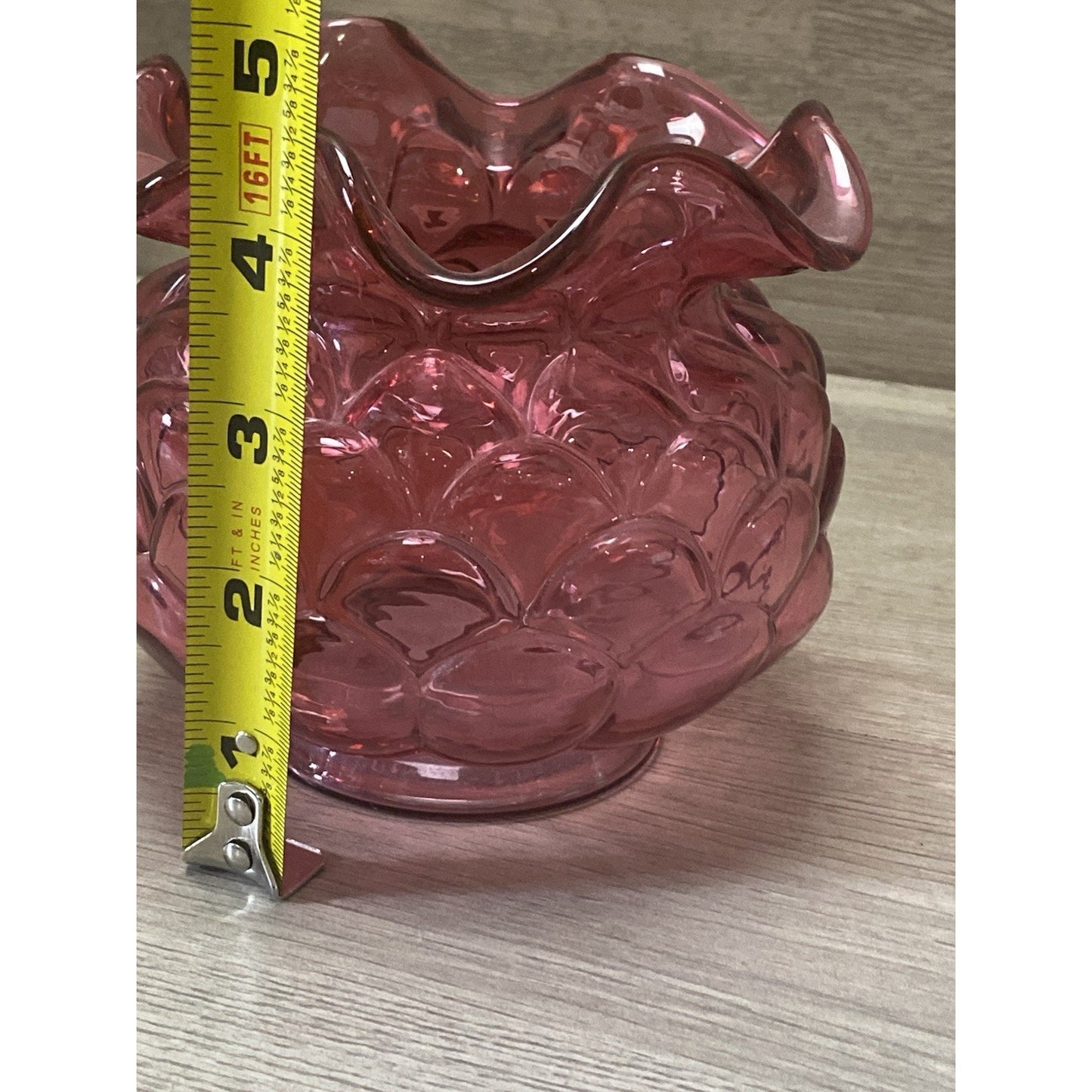 Fenton Cranberry Pink Glass Rose Bowl Vase w/ Poppy Flowers